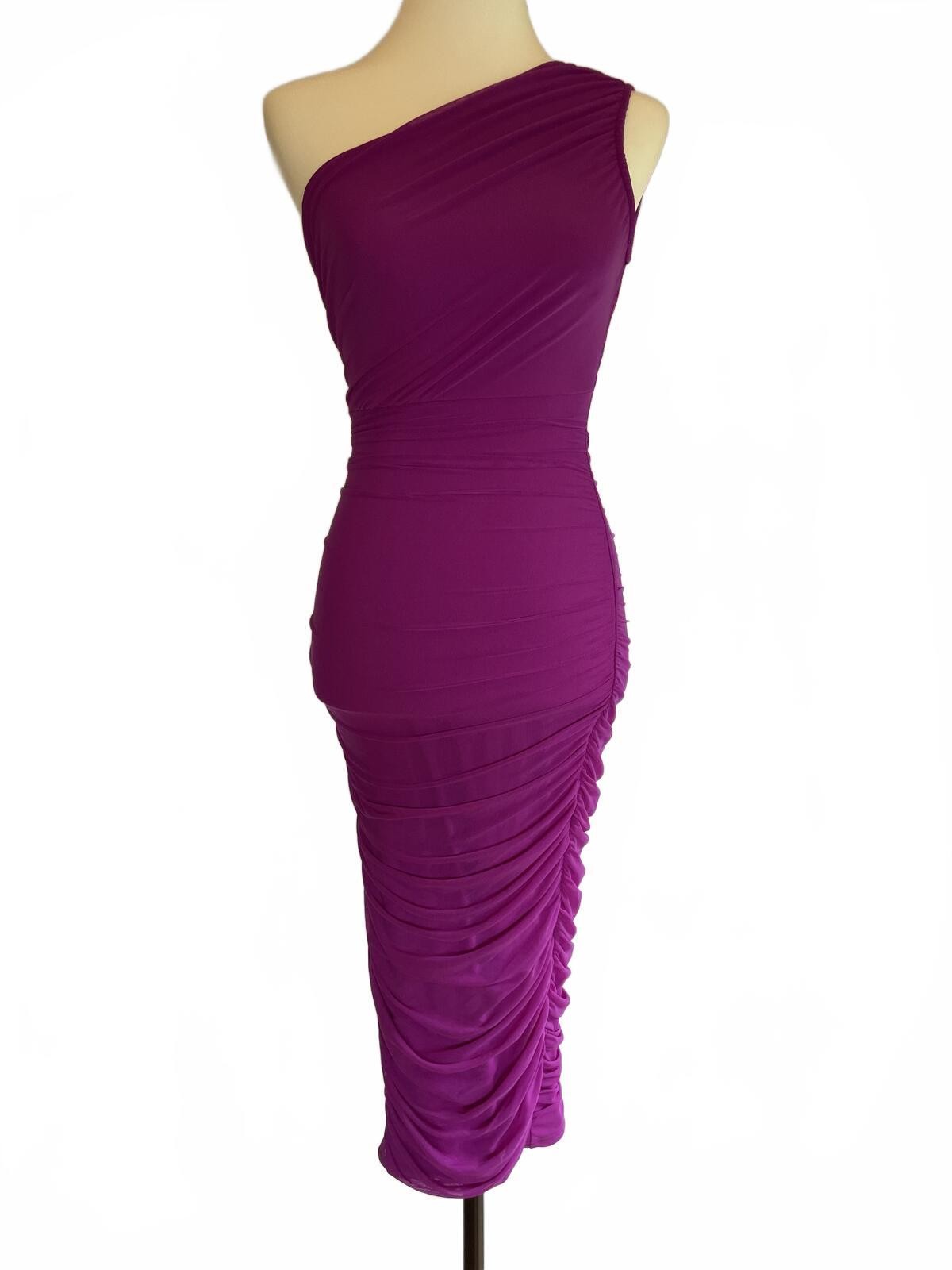 OYS Magenta Purple Mesh Ruched Bodycon Midi Dress New Without Tags