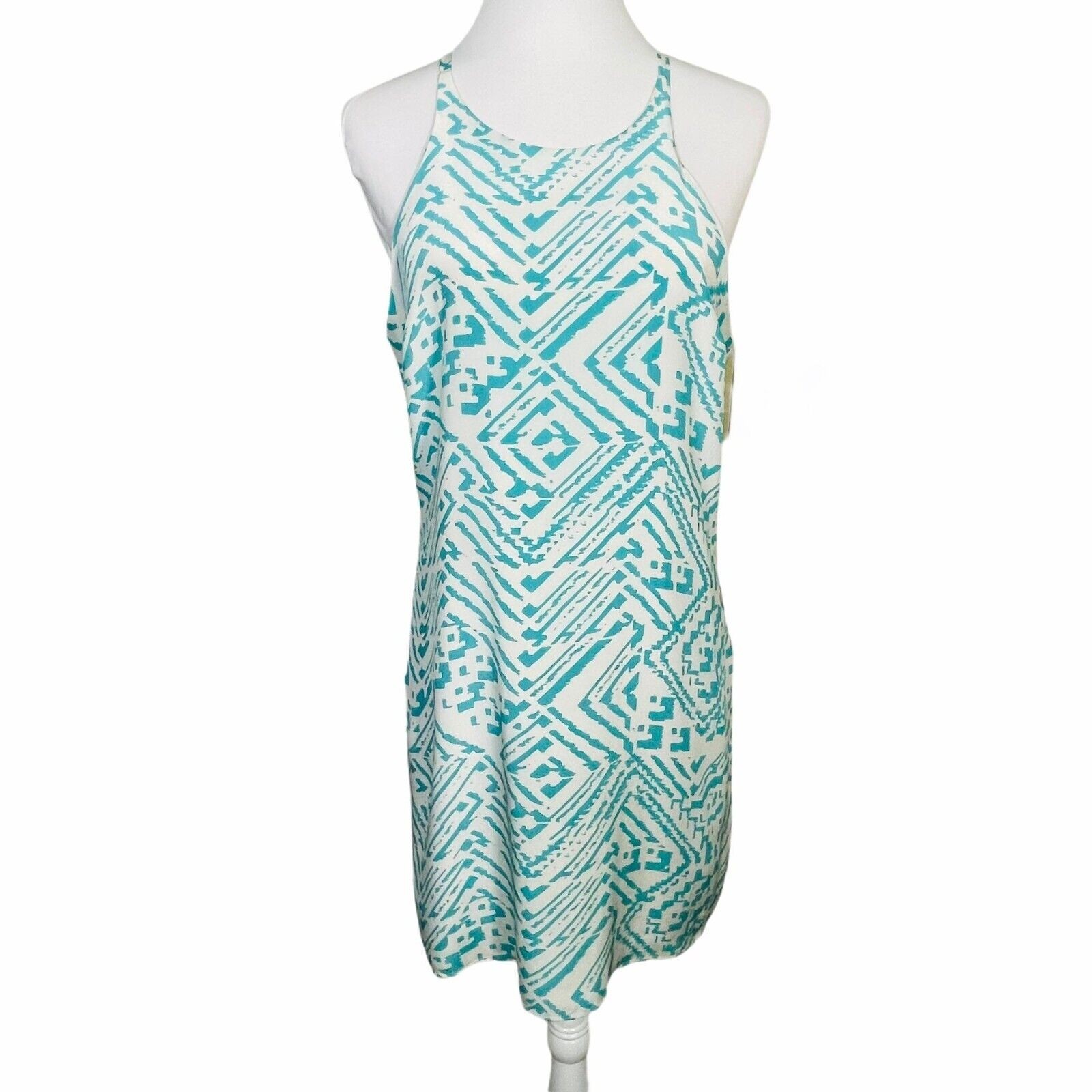 Britt Ryan Teal White Silk Sleeveless Dress Size Medium