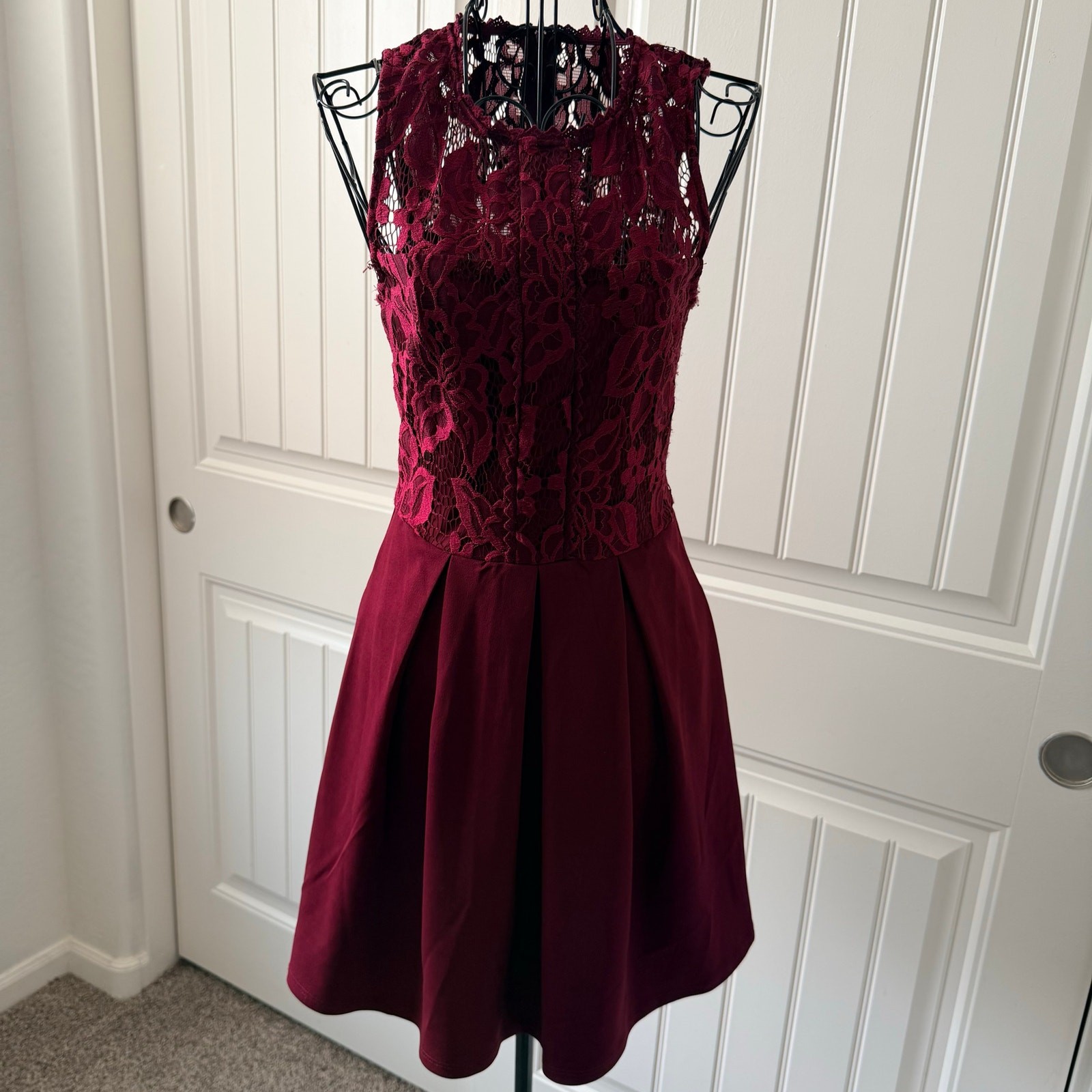 S – Burgundy Lace Fit and Flare – Sleeveless High Neck Dress