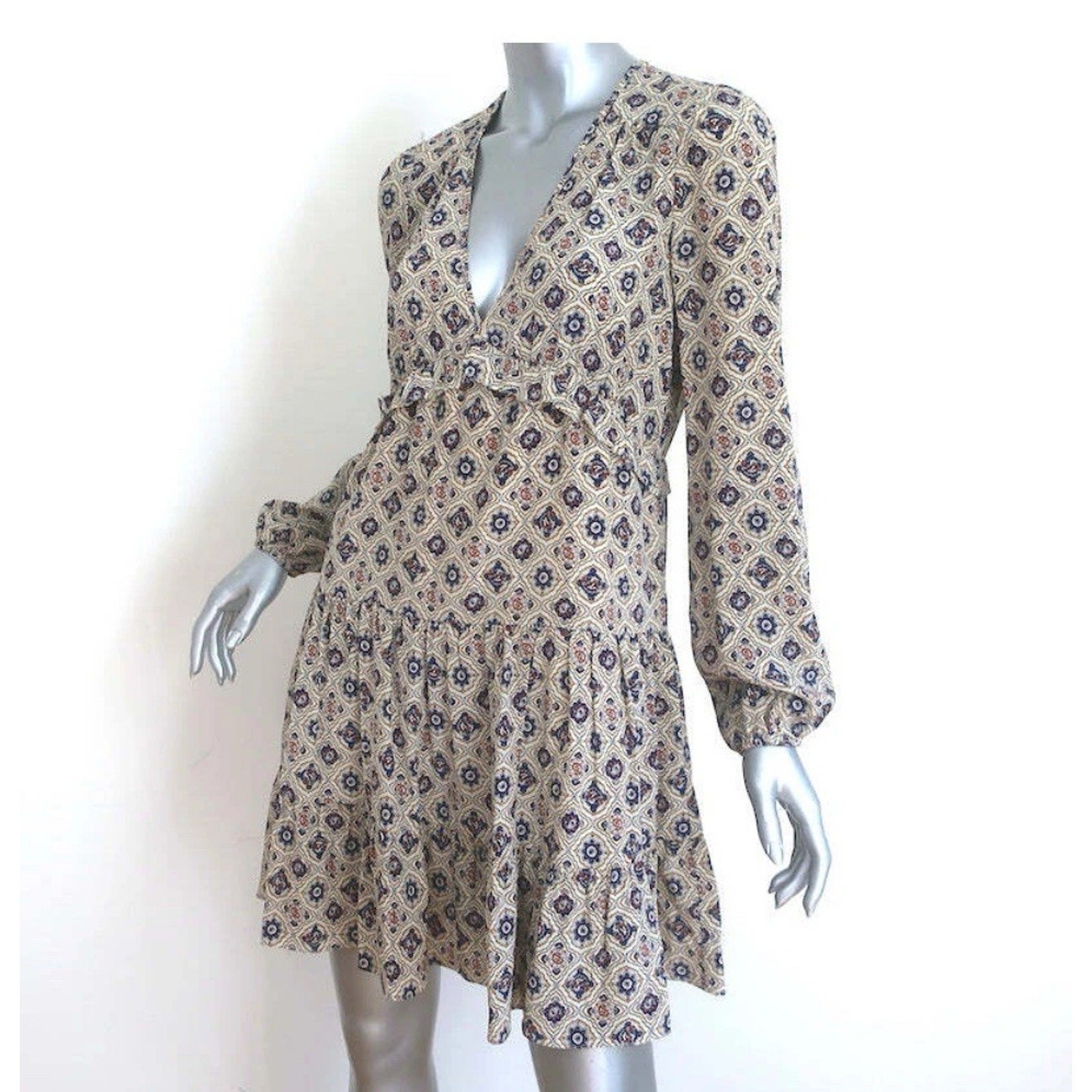 Veronica Beard Size 4 Delray Long Sleeve 100% Silk Mini Dress Peasant Boho B22
