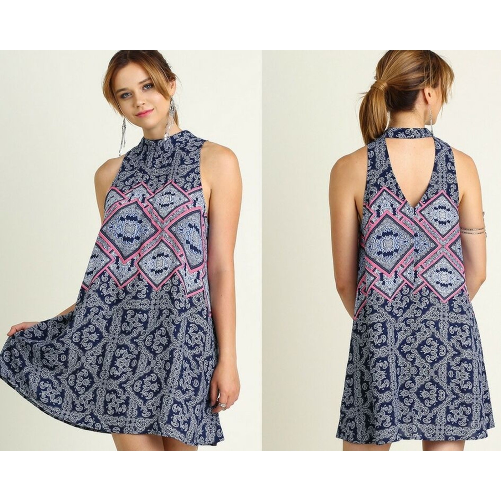 Umgee Navy Pink Paisley Halter Top Keyhole Back Sleeveless Swing Dress Small