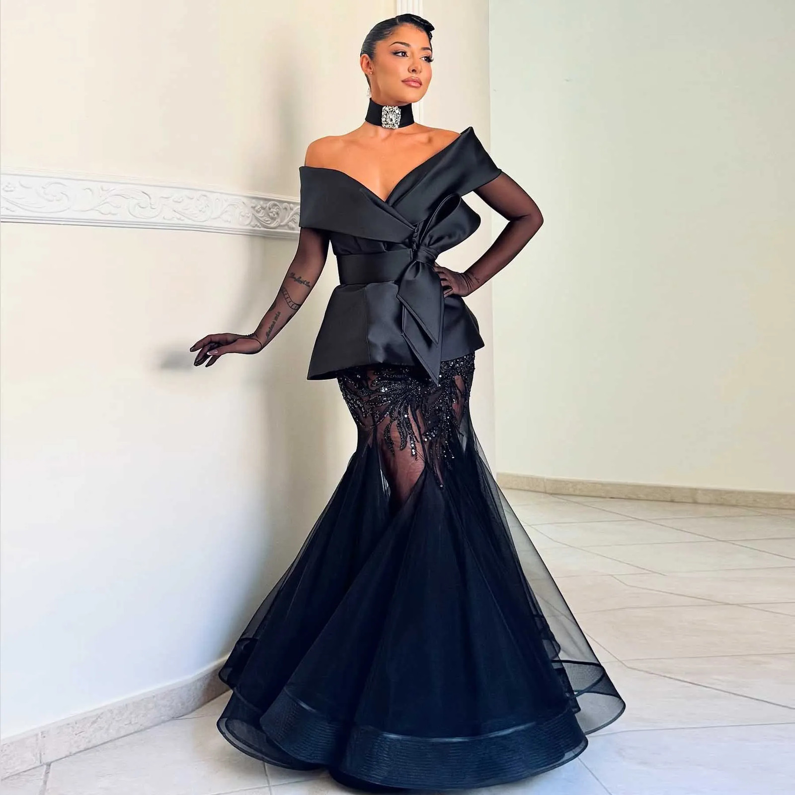 Black Evening Dresses Beaded Tulle Women Outfit Formal Dress Mermaid Prom Dress