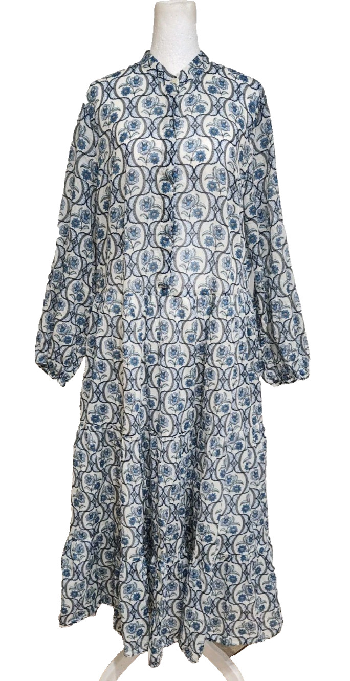 0039 Italy Blue Floral Dress Size Large 100% Cotton