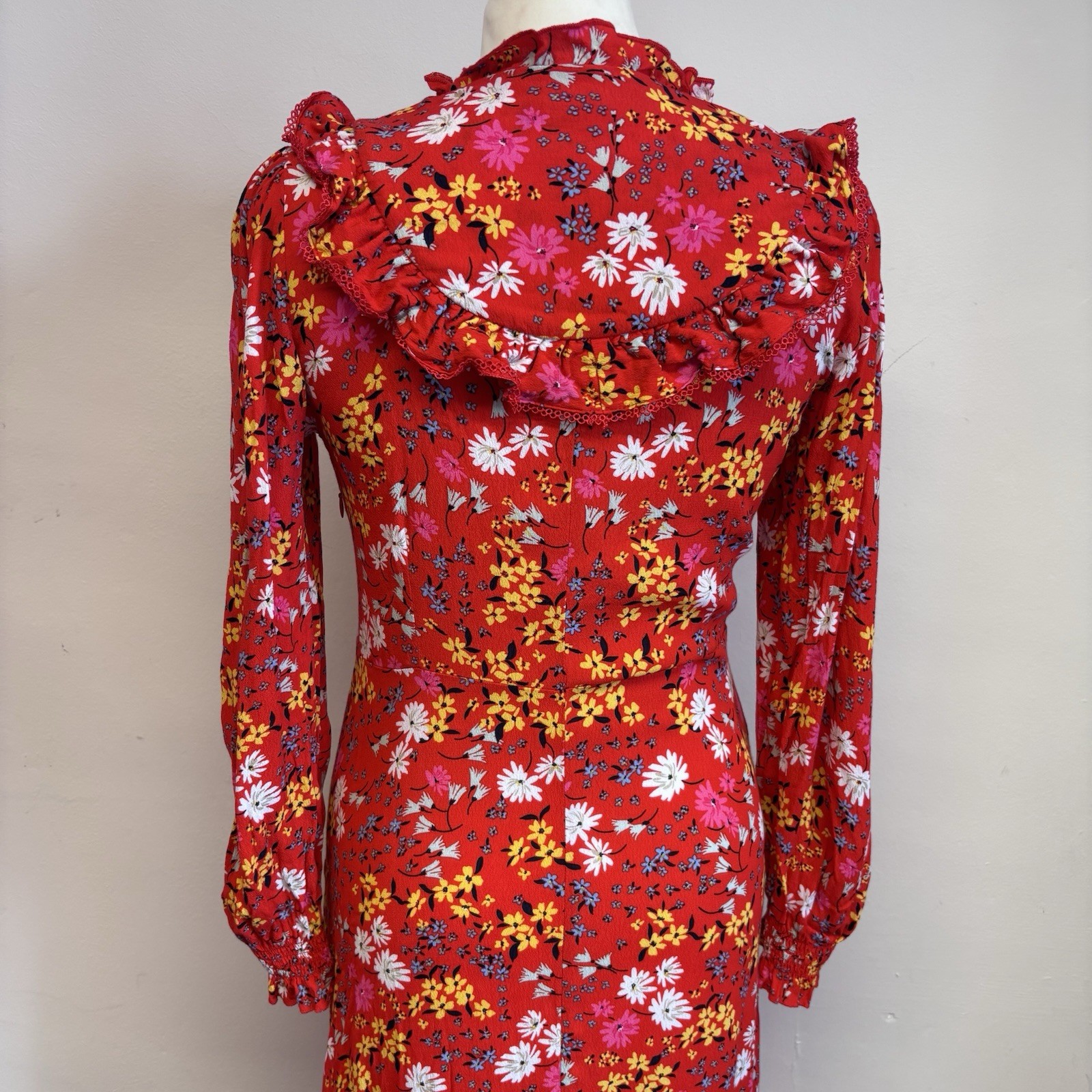 Oliver Bonas Midi Dress Size 8 Red Floral Pattern Ruffle Summer