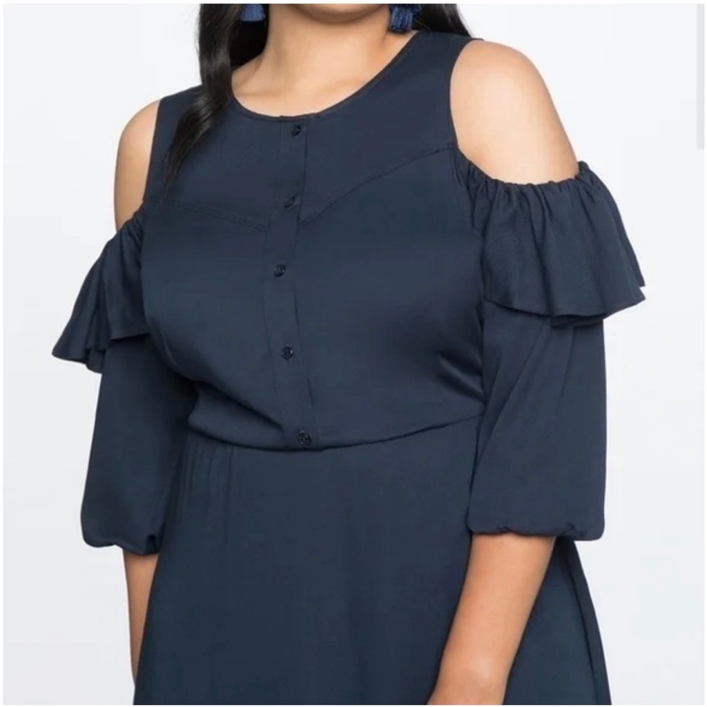 Eloquii Navy Blue Cold Shoulder Ruffle Detail Size 26