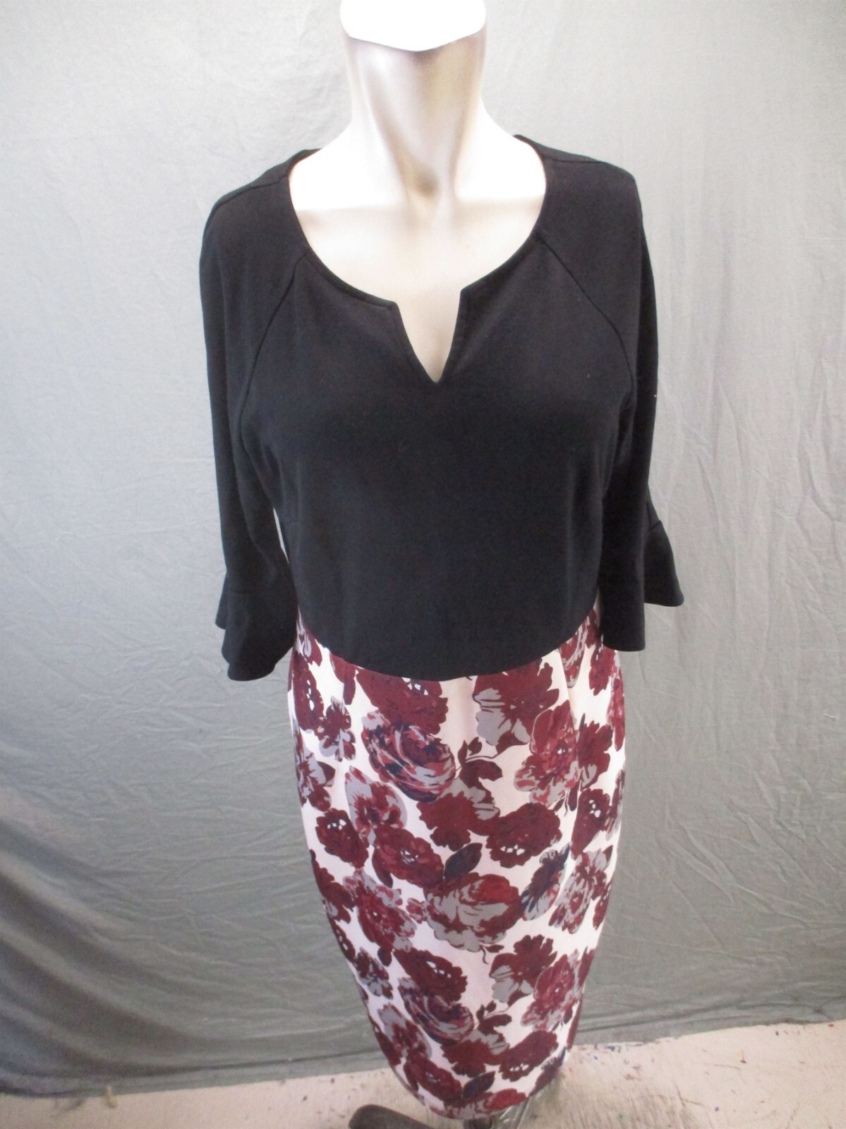 Woosunze Size L Womens Black Floral V-Neck 3/4 Ruffle Sleeve Blouson Dress 459