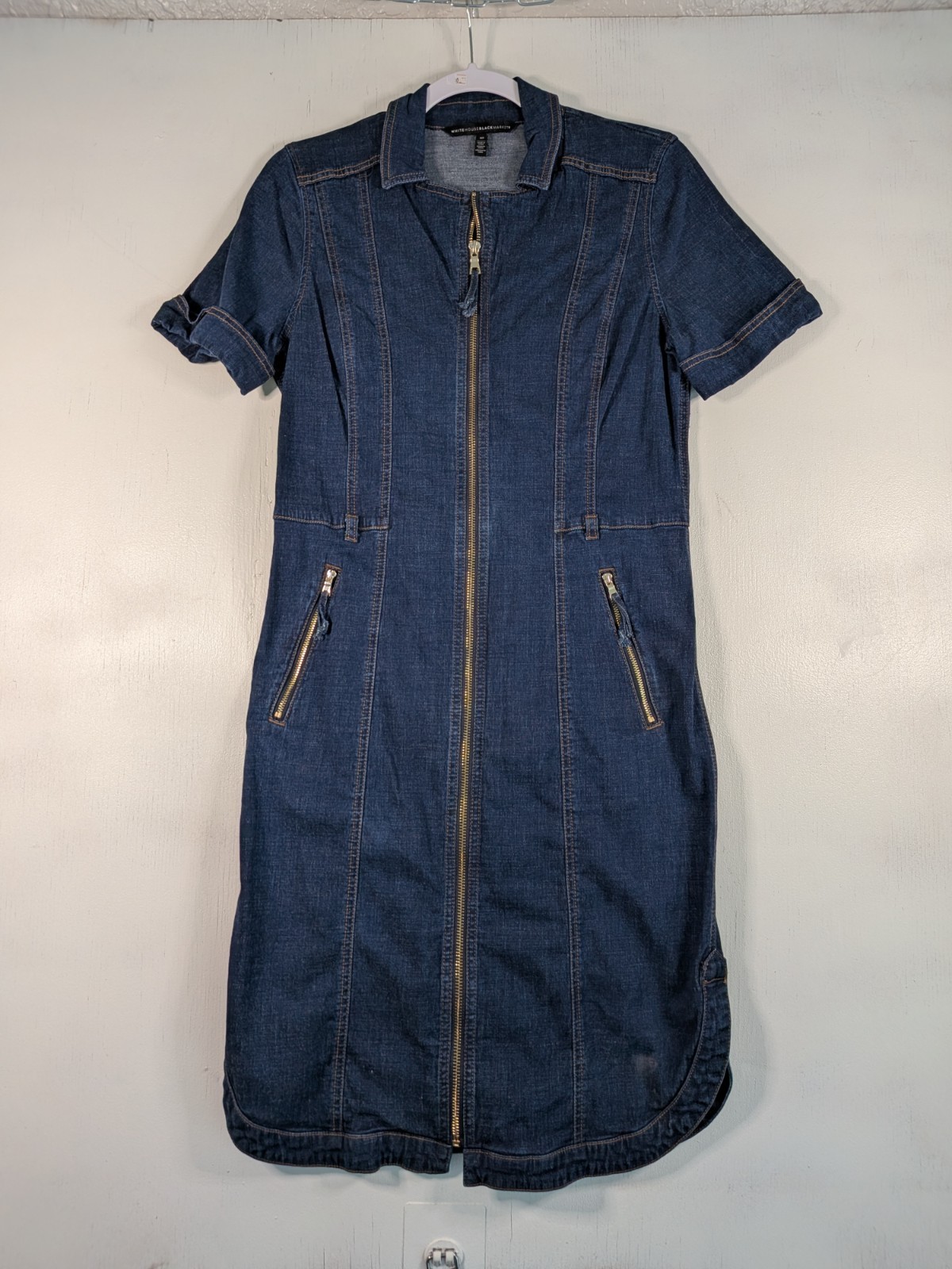 White House Black Market Denim Zip Front Dress Dark Wash Sz 10 Short Sleeve