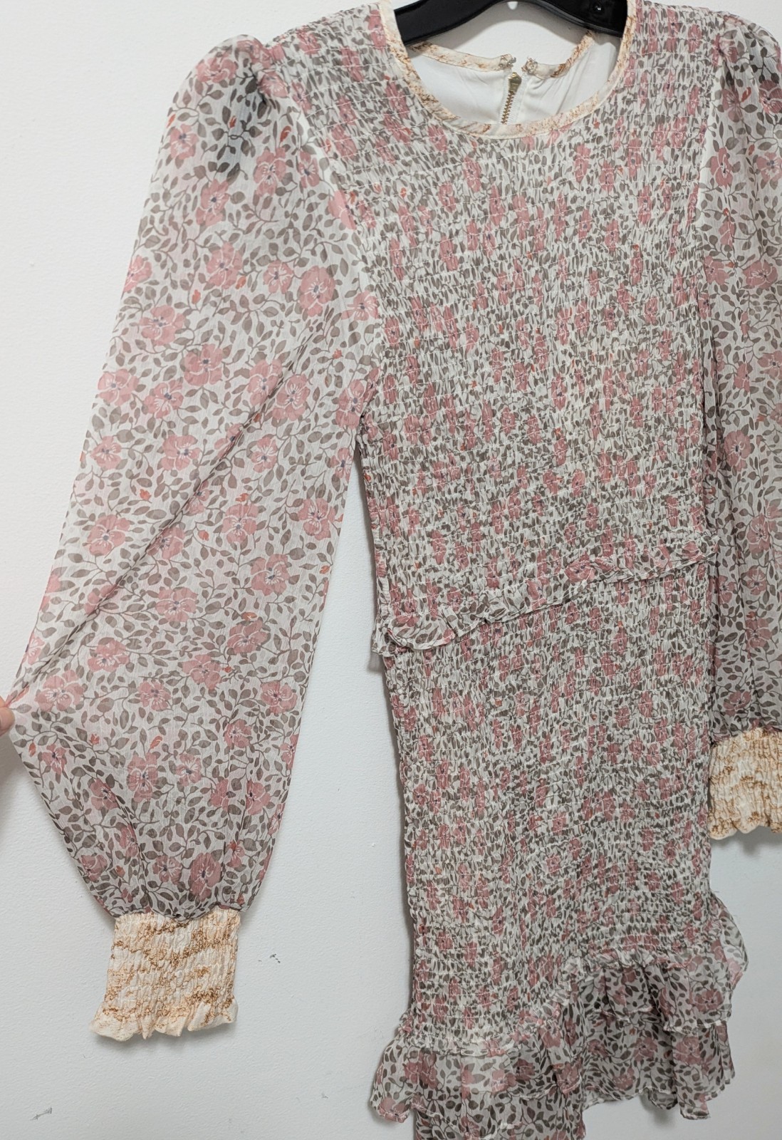 WINONA AUSTRALIA Floral Smocked Ruffle Mini Dress XS Pink Ruffles Sheer Romantic