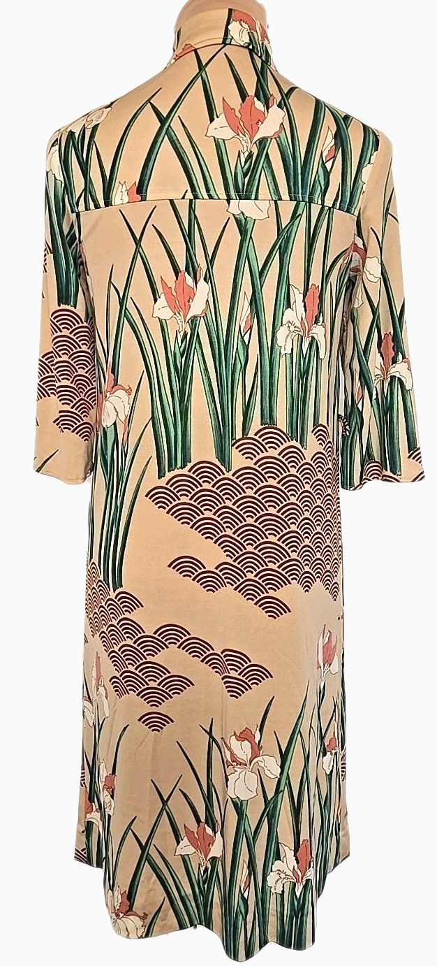 VIVID Hanae Mori beige green blush brown japanese art print Floral midi Dress S