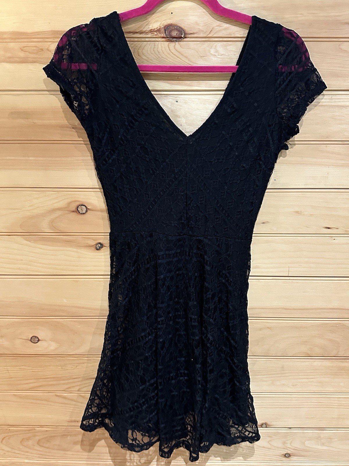 Womens Black Lace Floral Fit & Flare Dress V-Neck Short Sleeve Sheer S