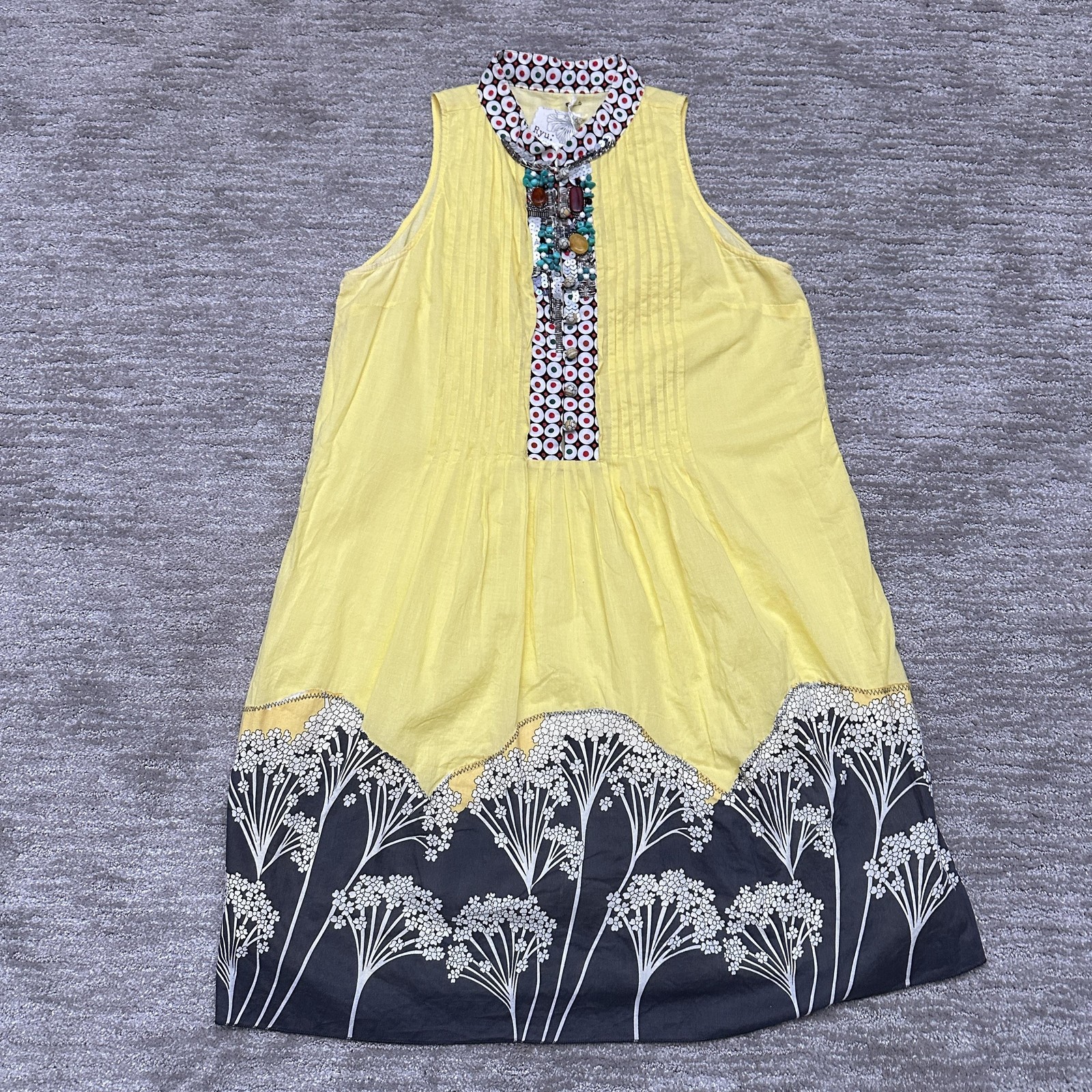 Ryu Dress Womens Medium Yellow Embellished Beaded Sleeveless Floral Boho