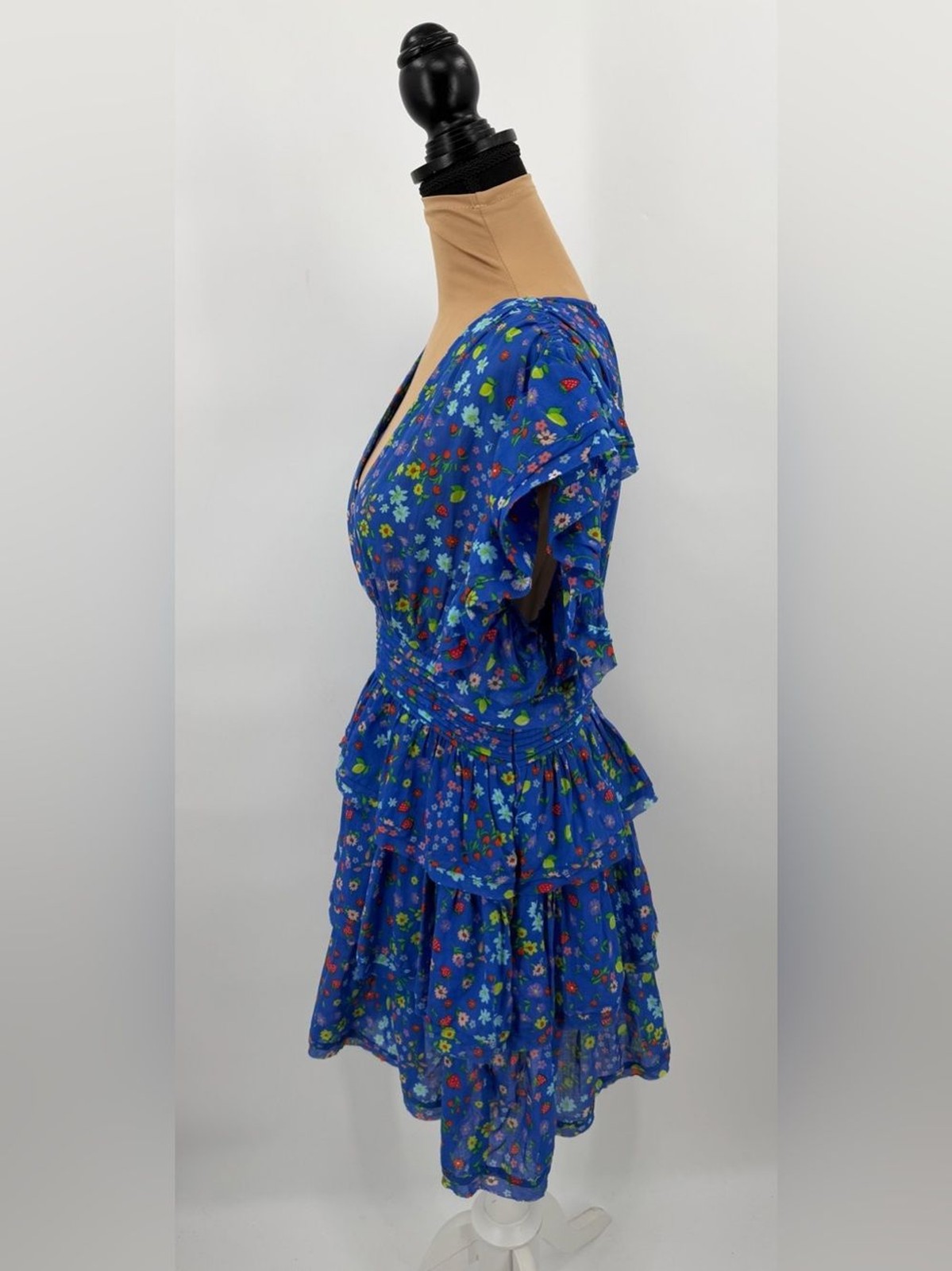 Blue Strawberry Floral Puff Sleeve Tiered Mini Dress L Cottagecore cotton euro