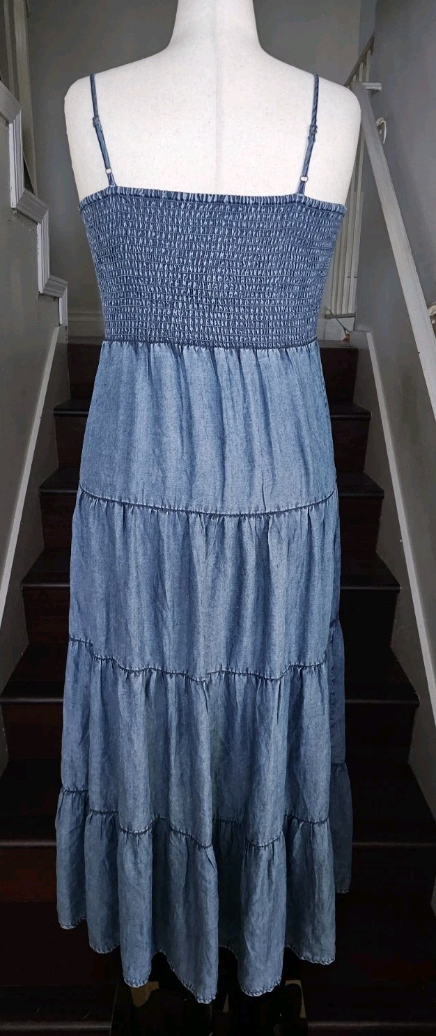 Z Supply Balos Washed Chambray Midi Dress L Smocked Spaghetti Strap Cottage NWT