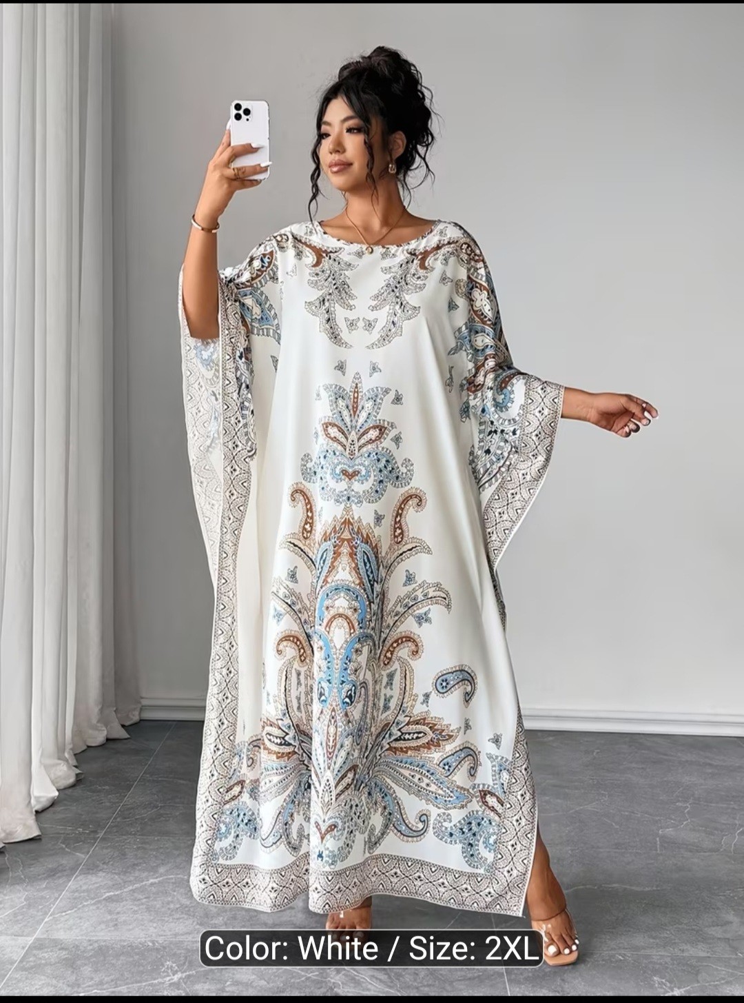 White Blue Brown Paisley Kaftan Maxi Dress Round Neck Pullover Women’s Plus 2XL