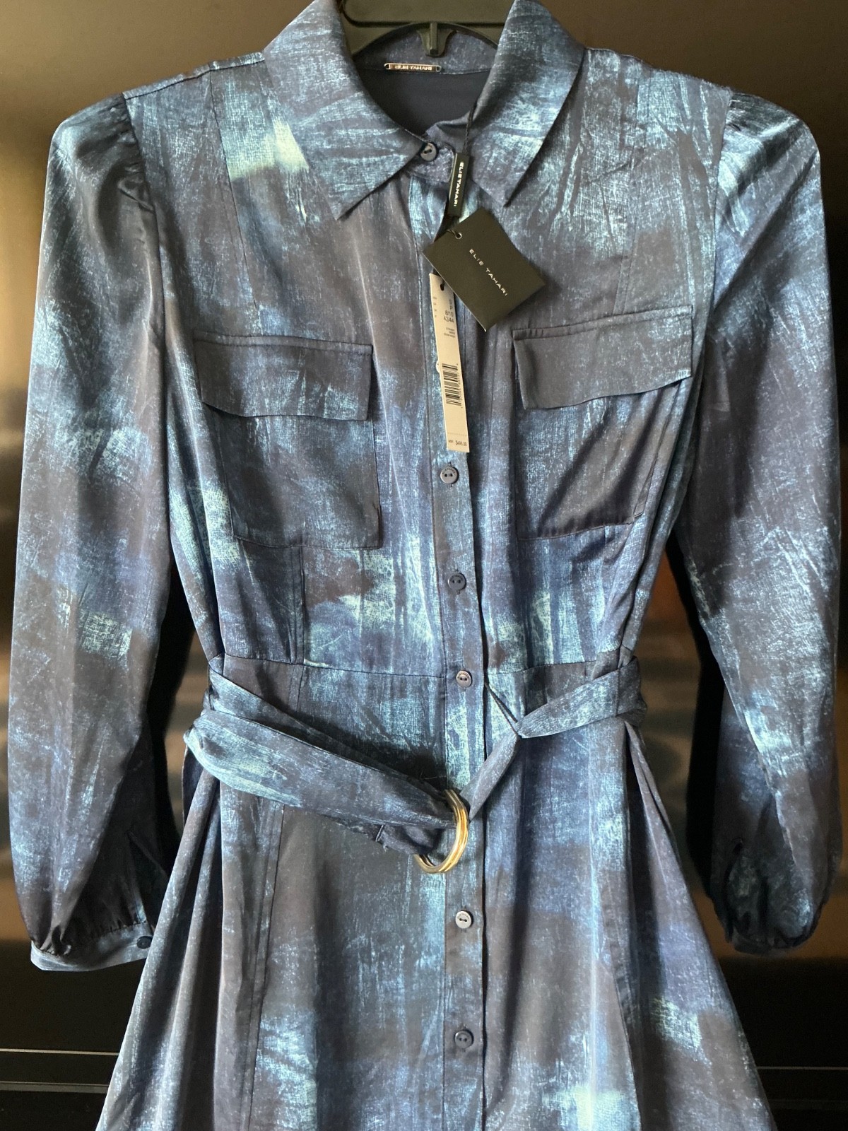 Elie Tahari Button Down Collar Navy Blue satin midi Dress Sz S Women’NWT$495