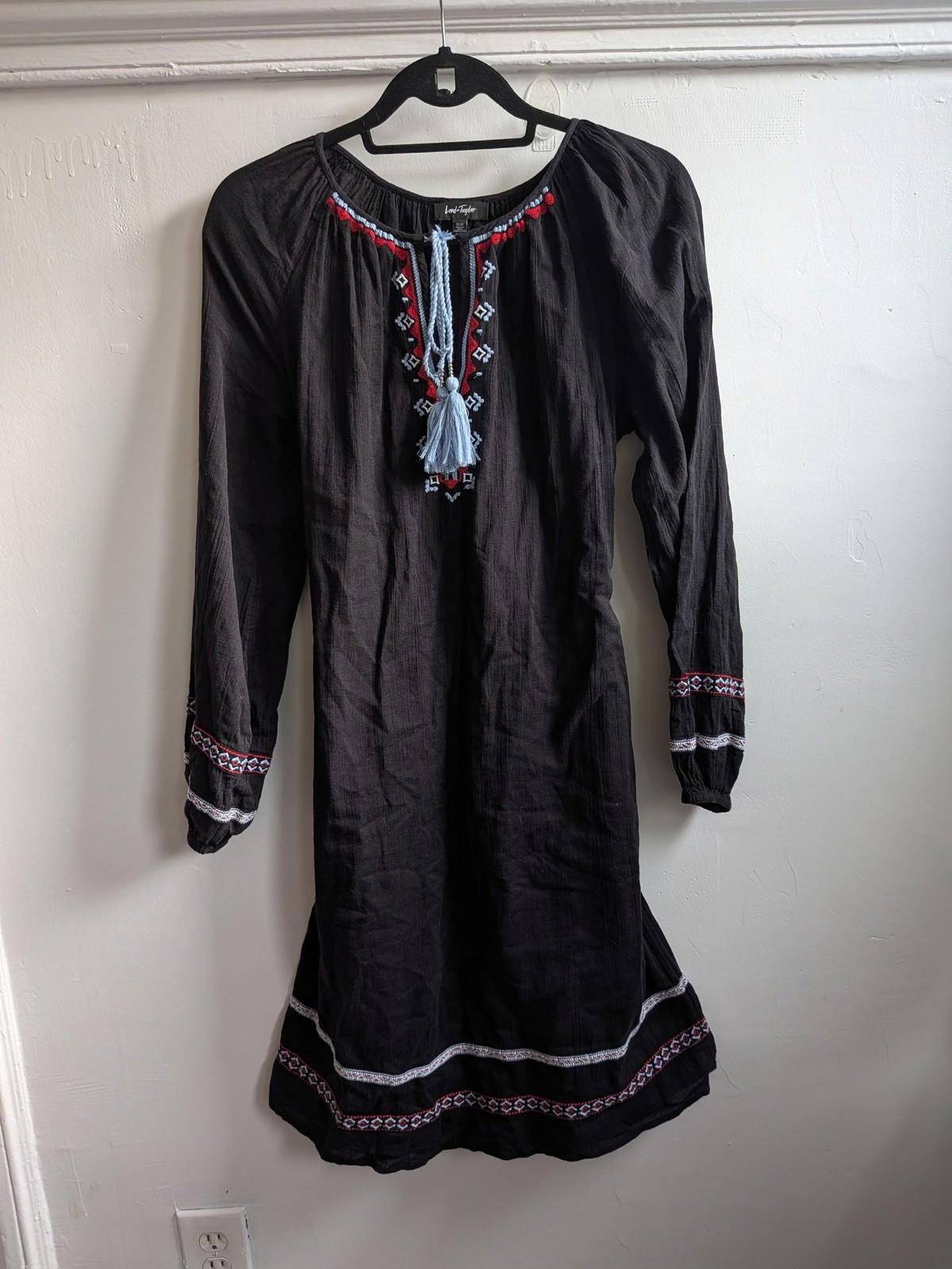 Lord & Taylor Dress Womens Medium Black Embroidered Boho Shift Peasant