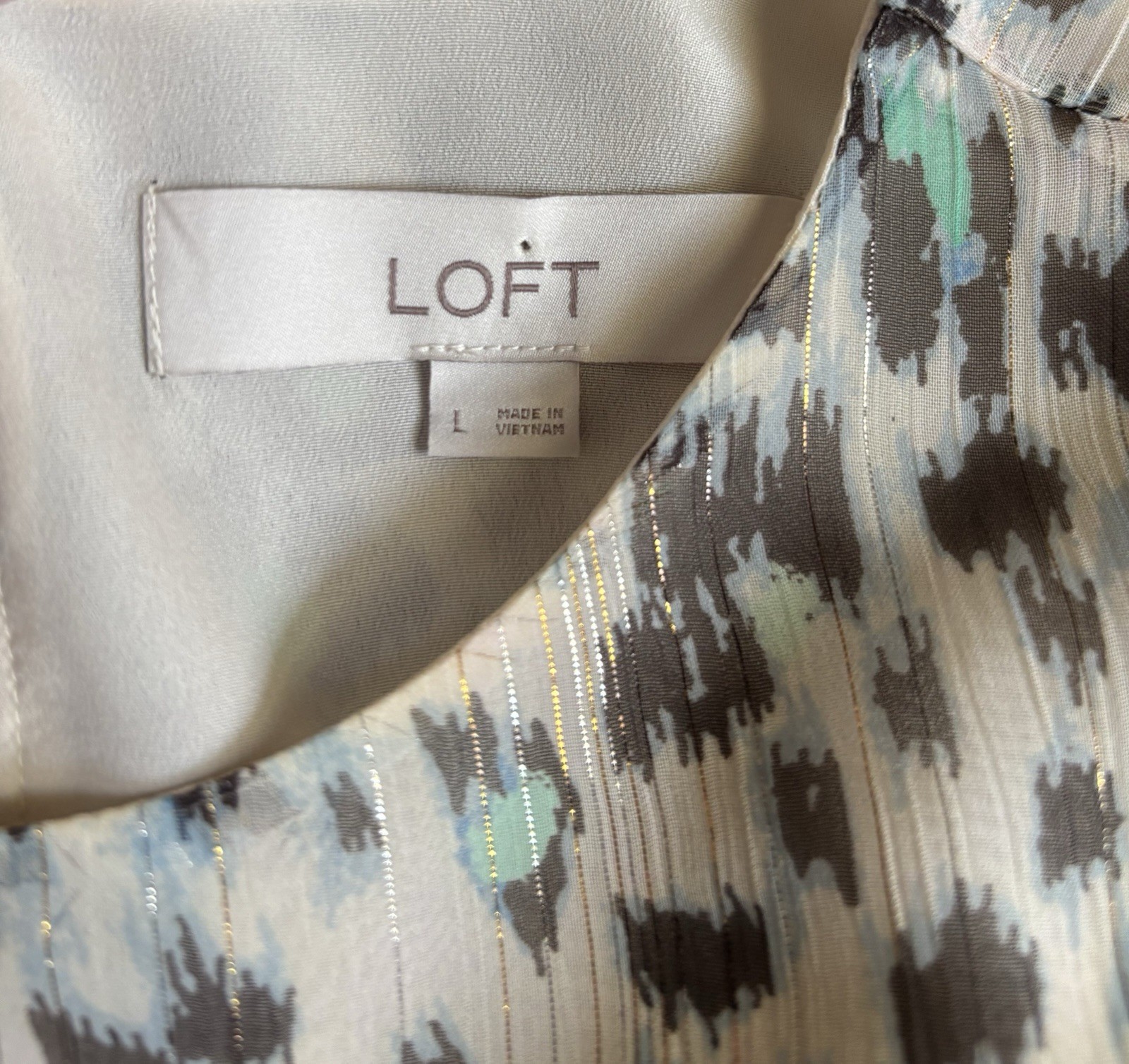 Ann Taylor Loft Shift Dress Gray Blue Green Animal Print Lined Lightweight Large