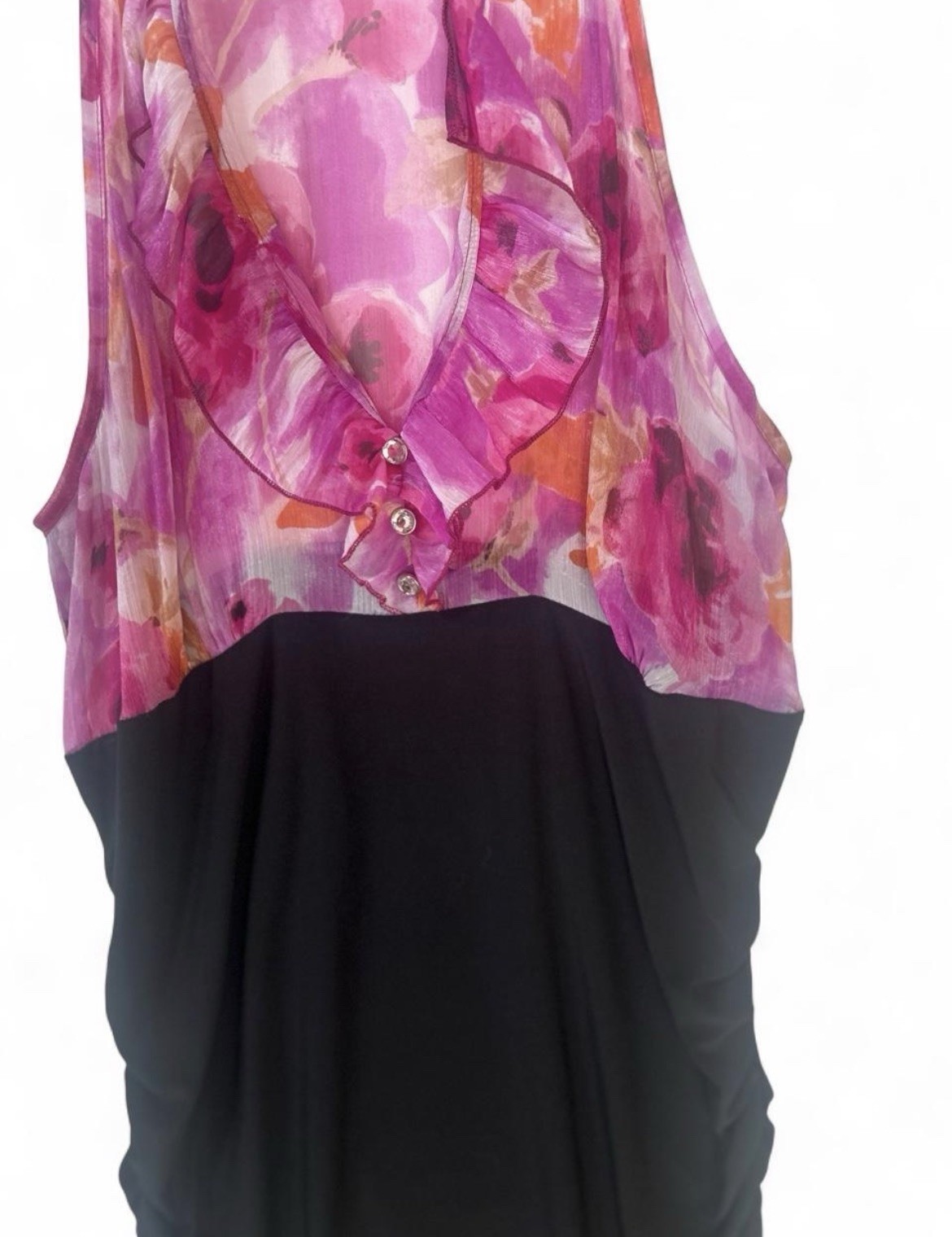 Plus size y2k dress featuring pink floral sheer top V-neck With Black Ruched Hem