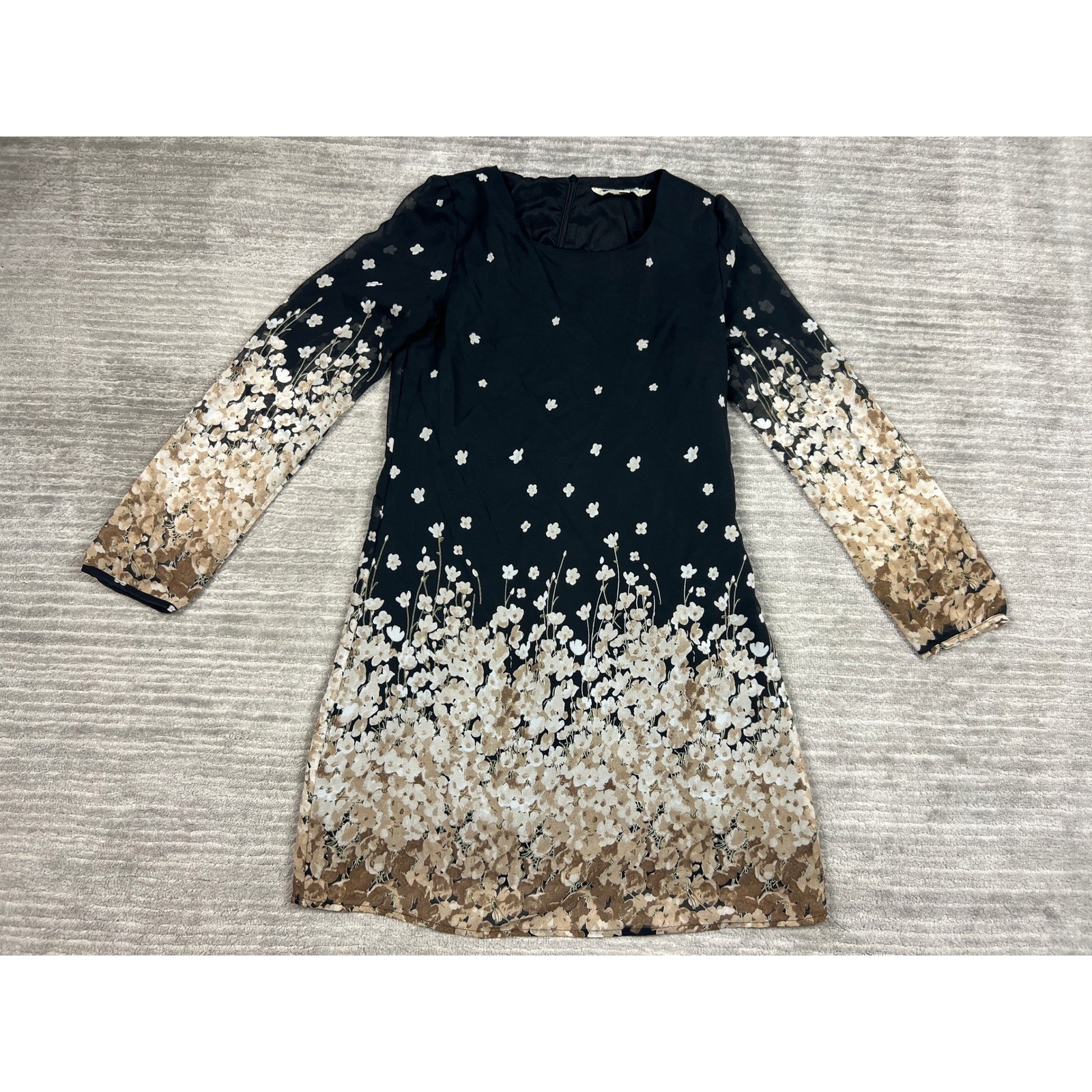 Yumi Dress Womens S Black Floral Border Print Chiffon Long Sleeve Mini Shift