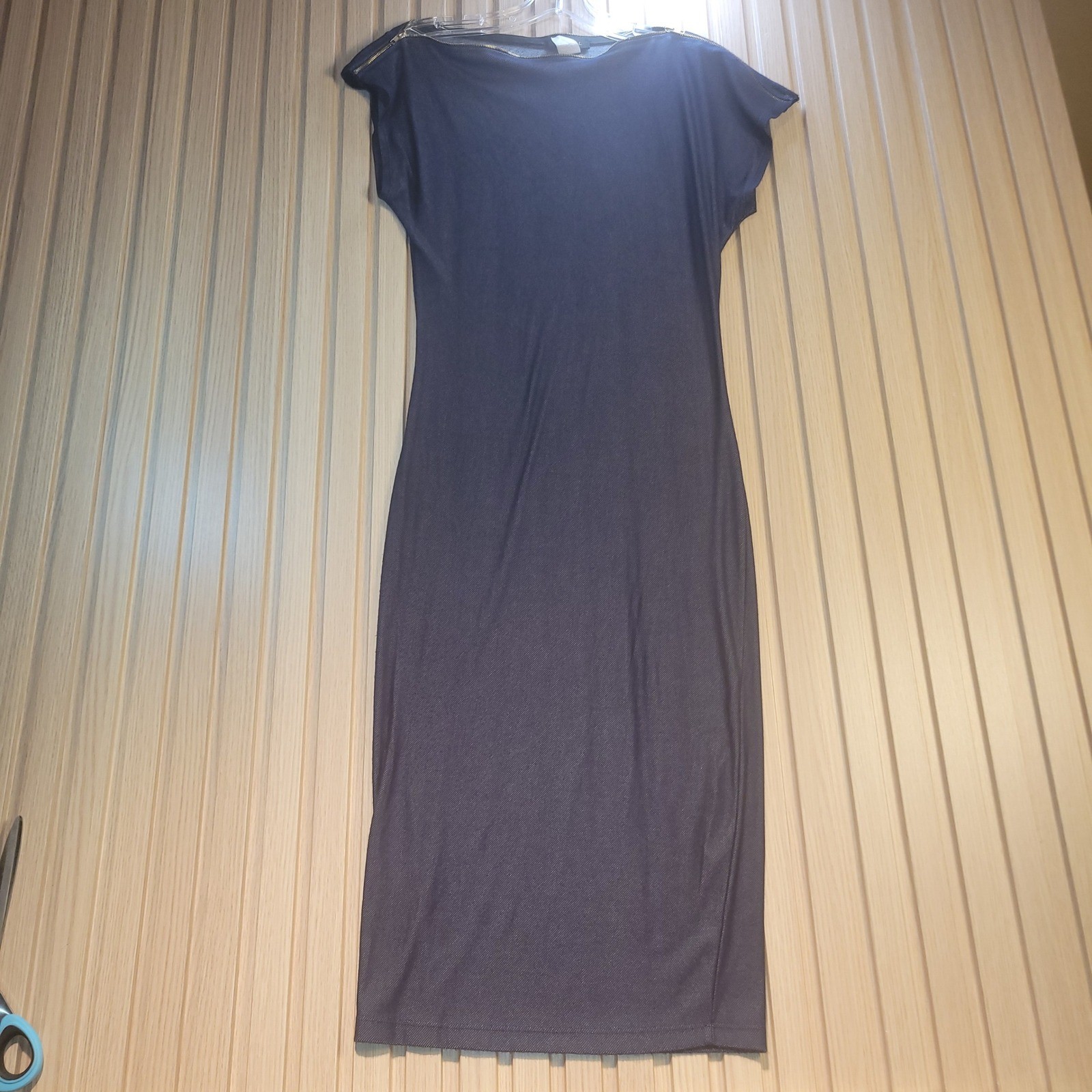 Love J USA Womens Blue Denim Look Zipper Shoulder Bodycon Midi Dress Large