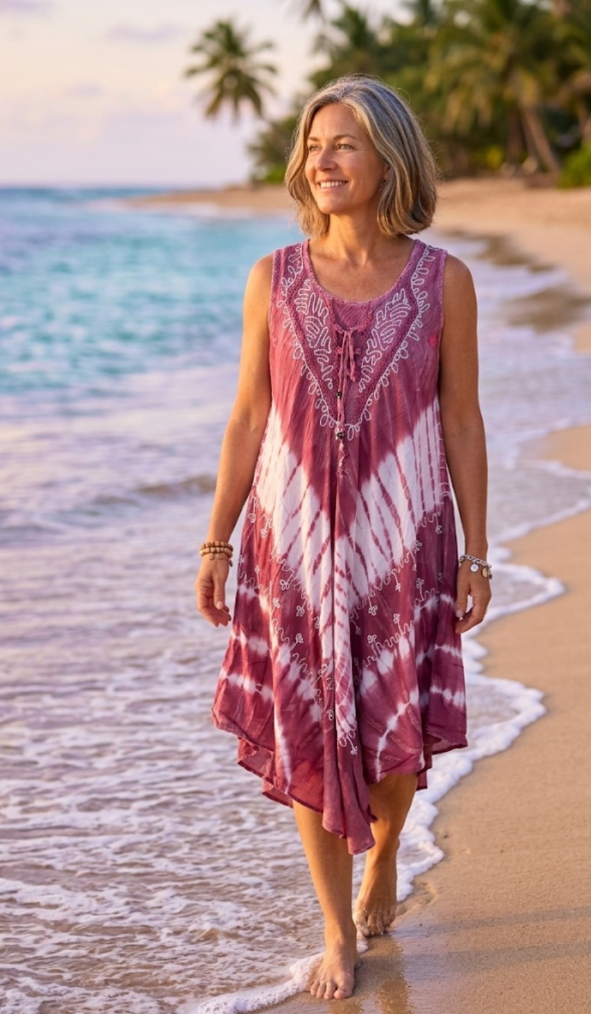 Women’s Tie Dye Boho Red Pink Embroidered Sundress ONE SIZE Casual Beach Dress