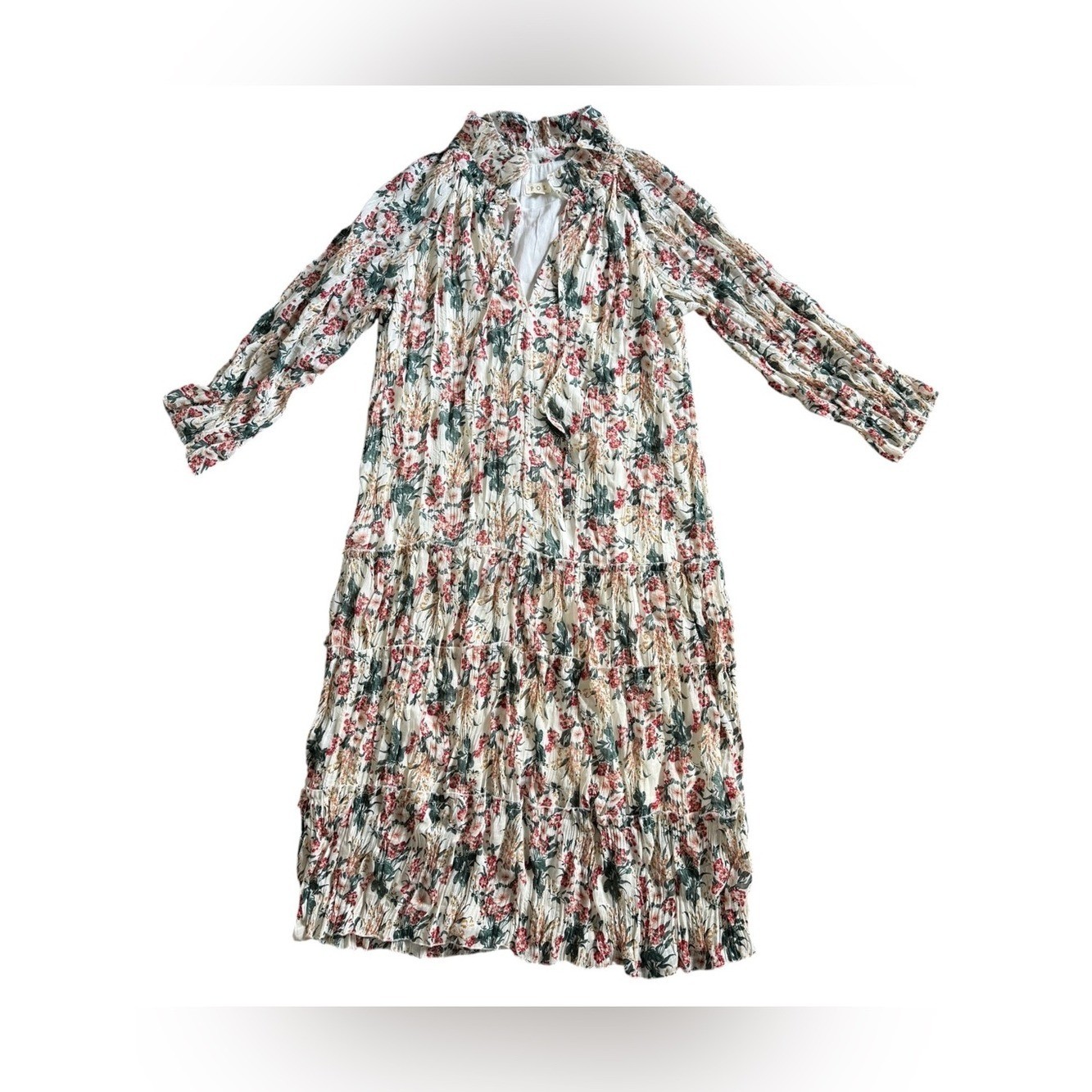 POL Ruffled Tiered Boho Maxi Dress Floral Cream Pink Size L NWOT