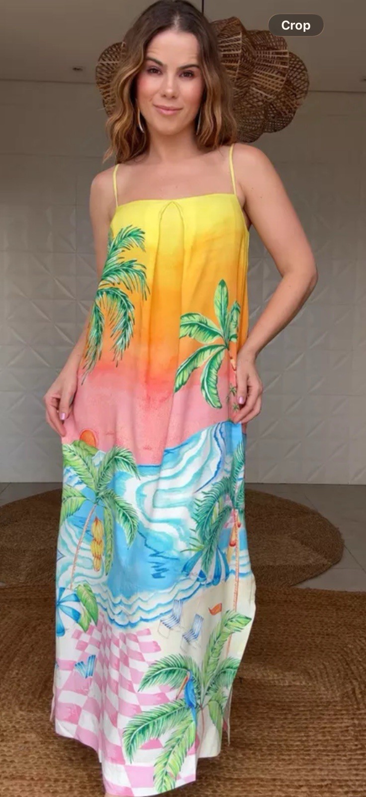 Farm Rio Tropical Maxi Dress Size L Yellow Ombre Palm Print Spaghetti Strap