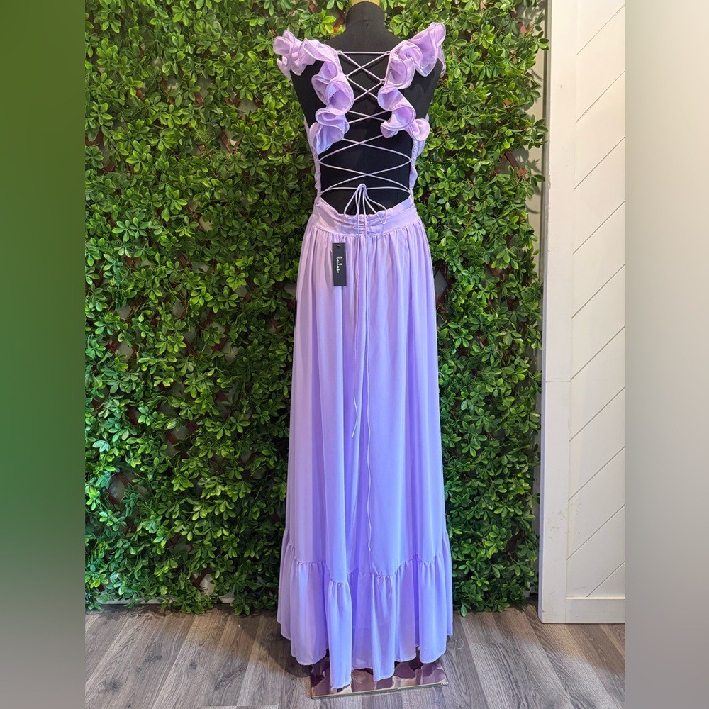 NWT- Soiree Celebration Purple Ruffled Lace-Up Dress