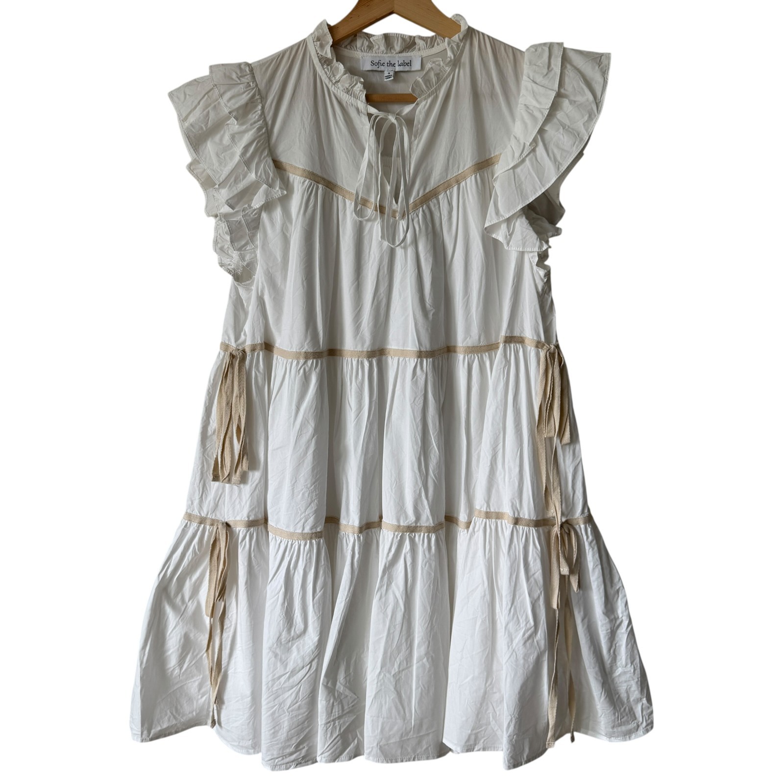 Sofie The Label Dress Sm White Tiered Side Ties Cap Sleeve Flouncy Coquette Mini