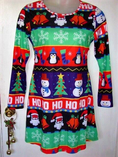 NWT Womens CHRISTMAS Santa Penguin Stars Snowmen Stretch Knit Dress Tunic Top L