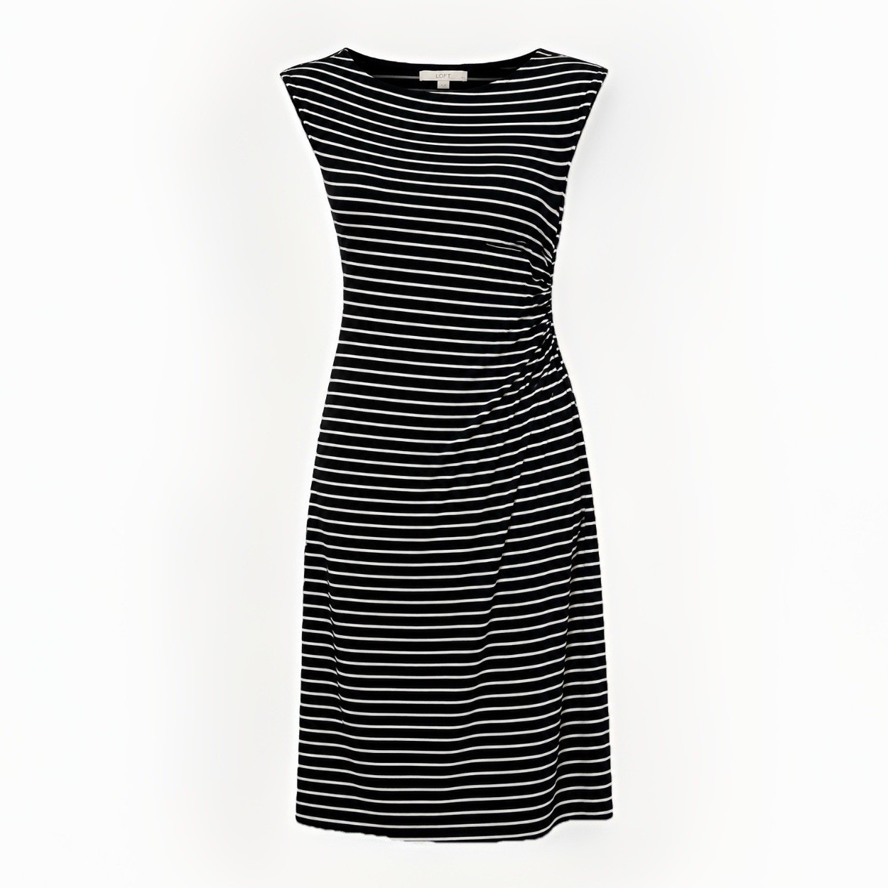 LOFT 2 Petite Summer Dress Black White Rouched Striped Knee Length Classy Office