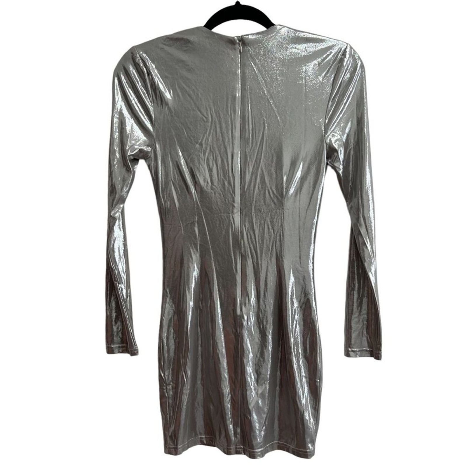 NEW NWT Superdown Gwen Long Sleeve Draped Neck Mini Dress Silver Metallic SZ XS