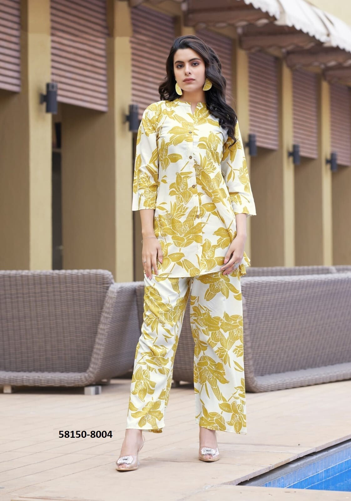 Indian Stitched Printed Co-ord Set Rayon Dress Off-White Top Pants for Women