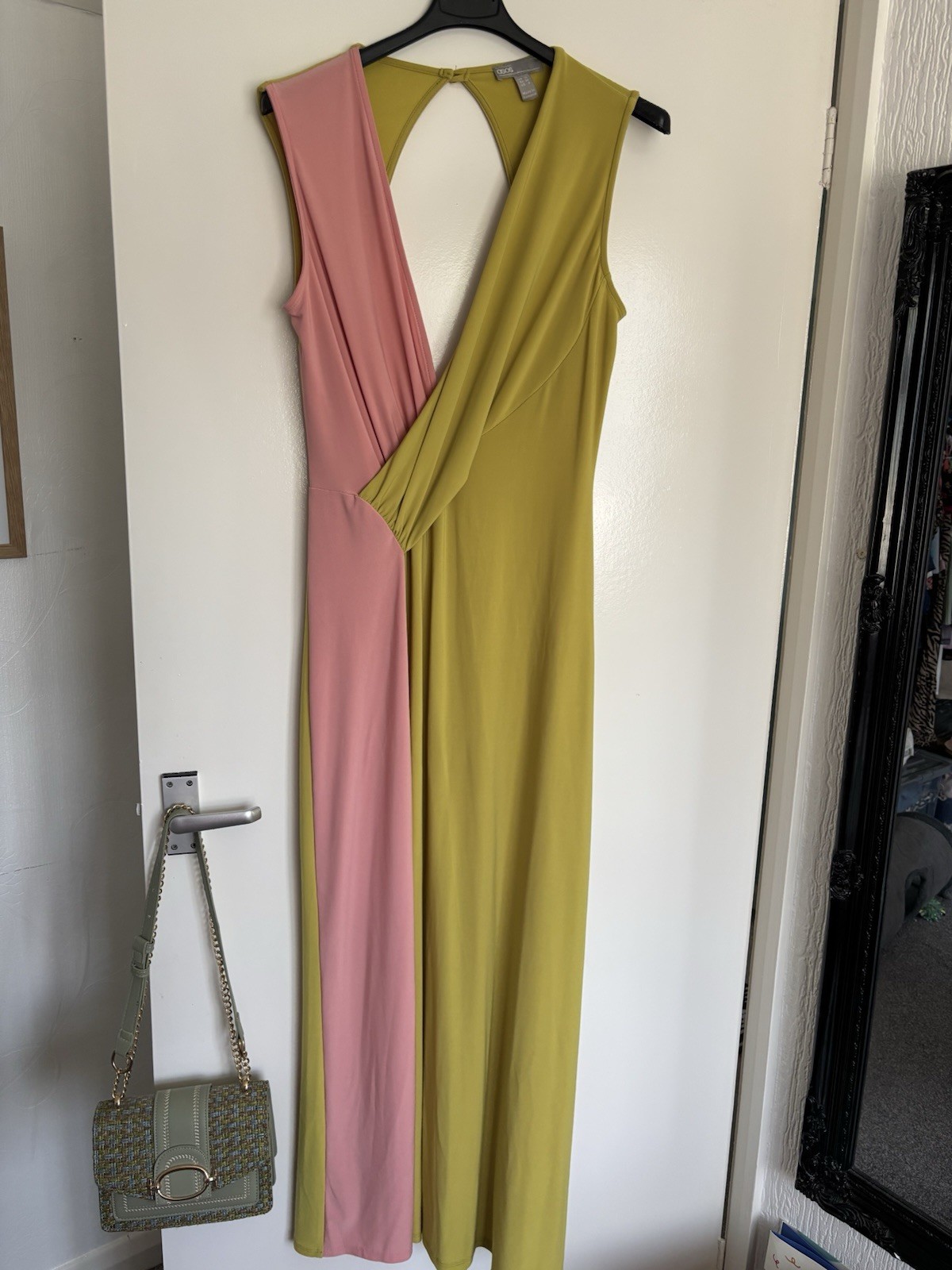 ASOS Olive Green & Pink Colour-Block Sleeveless Open Back Occasion Maxi Dress 10