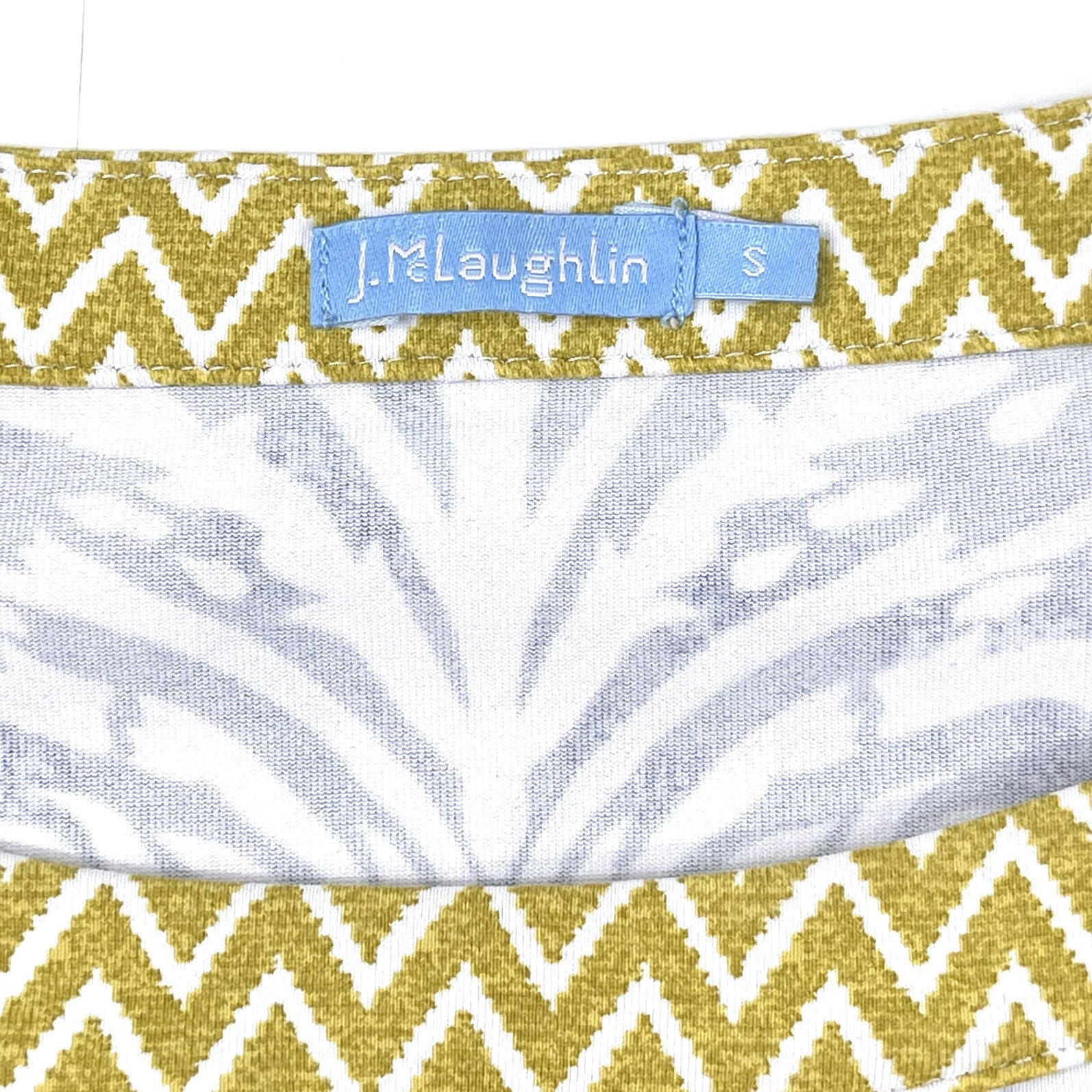 J. MCLAUGHLIN Catalina Cloth Dress Blue White Scroll Yellow Cheveron Size Small