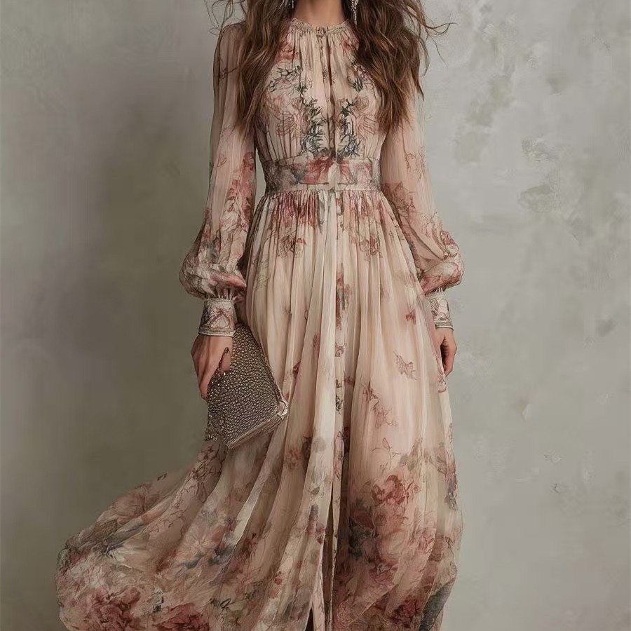 Retro Chiffon Printed Crew-Neck Long-Sleeve Pleated Waist Floral Dress++-###