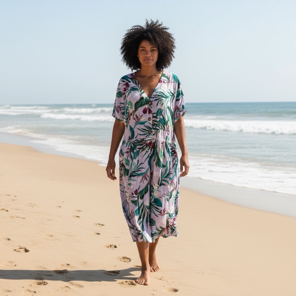 Terra & Sky 3X Tropical Floral Rayon Midi Dress Plus Size 24W-26W Button Front