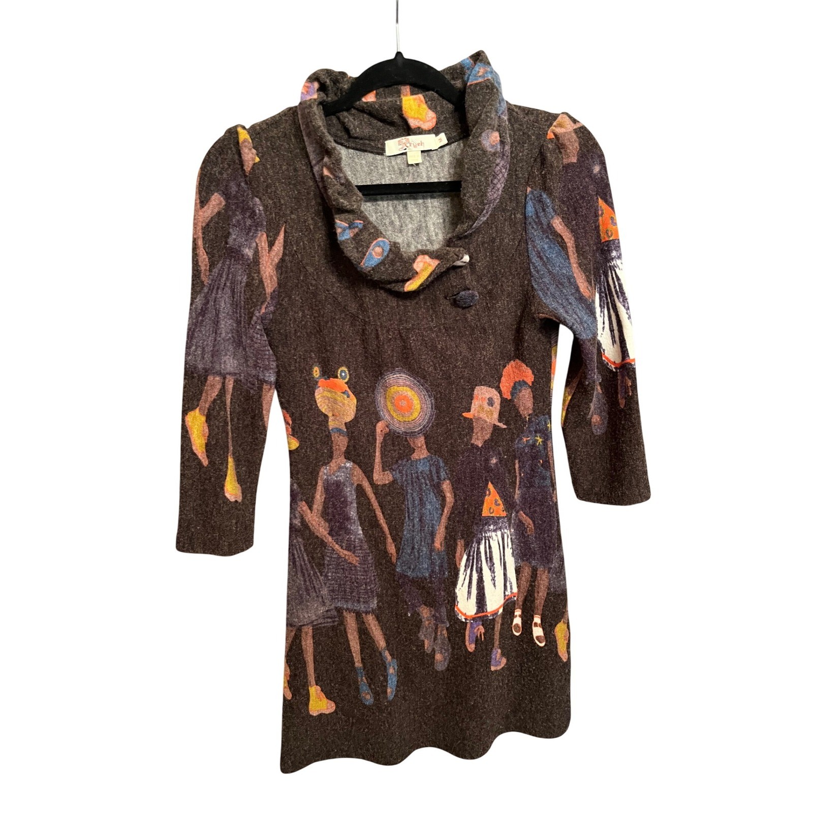 ARYEH Ladies AOP Ethnic Print Cowl Neck 3/4 Sleeve Sweater Dress Size M Vintage