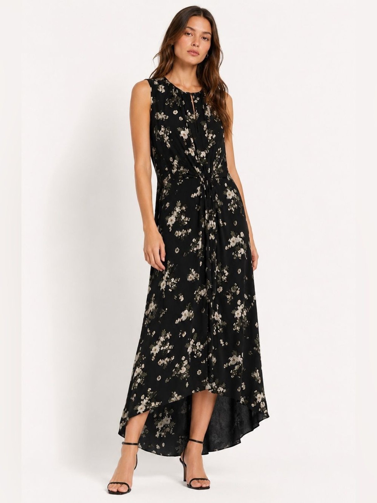 Vince 100% Silk Black Floral High Low Maxi Dress Sleeveless Small