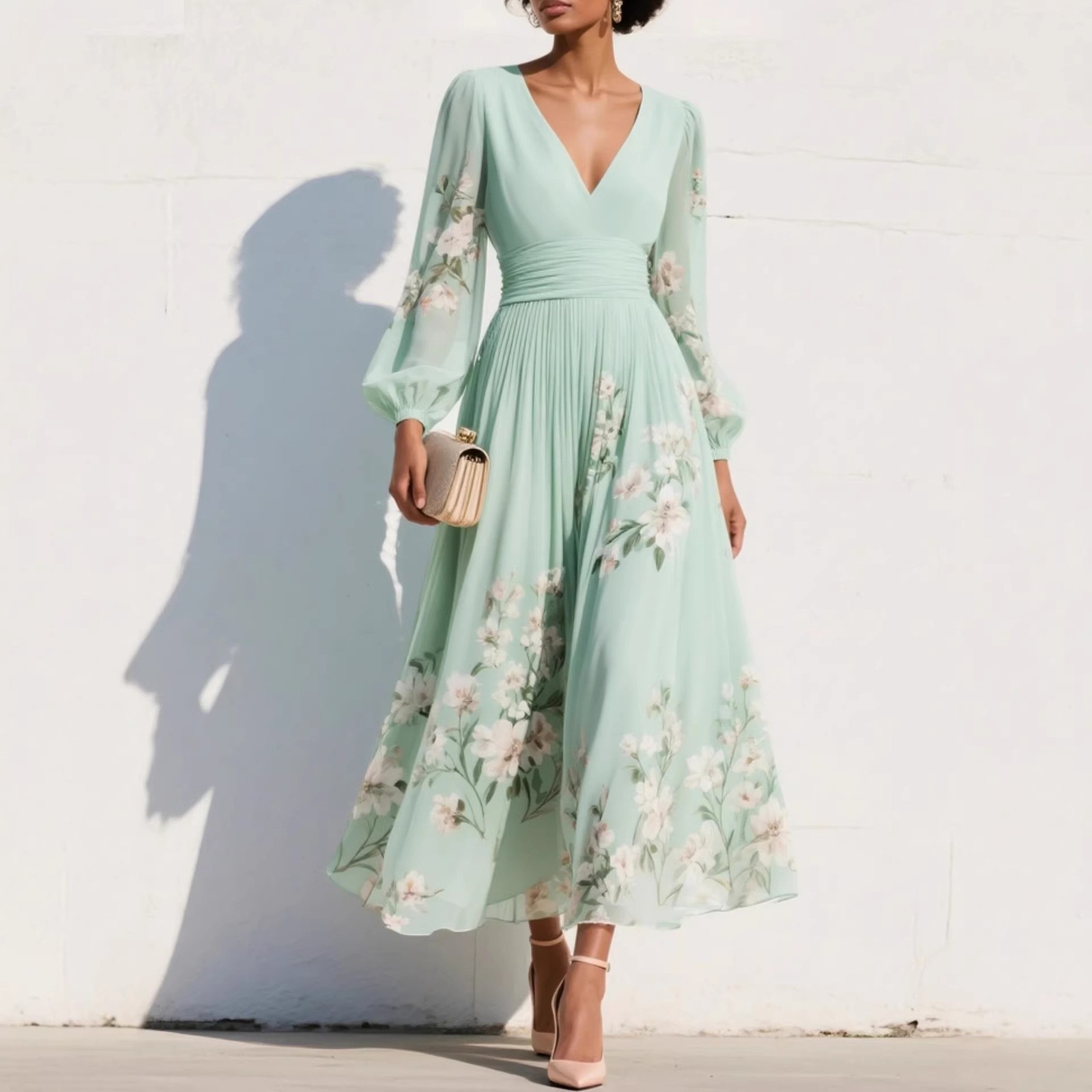 Women’s Polyester Printed Flower Long Sleeved V-neck Pleated Dress Long Skirt