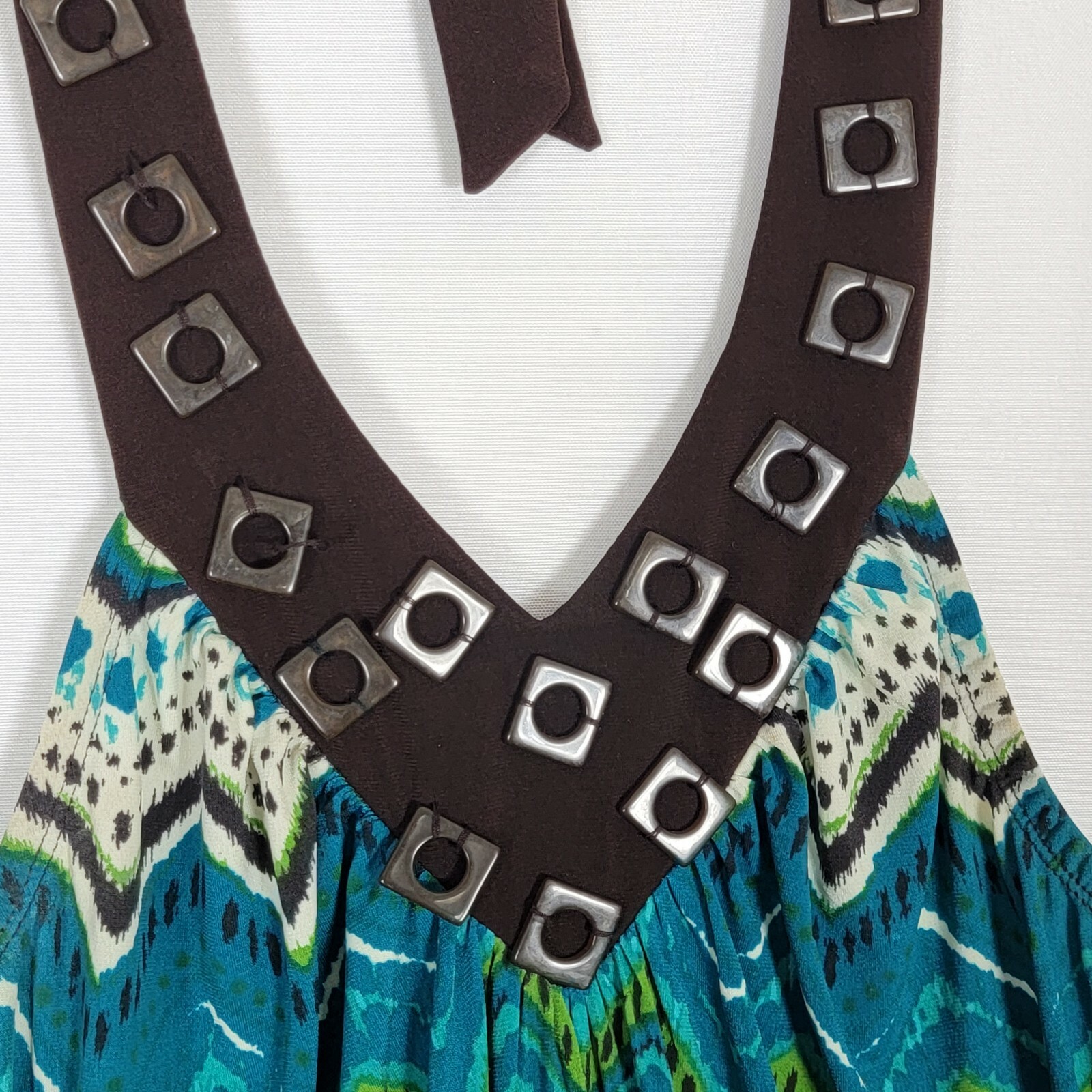 Heart Soul Dress Womens M Teal Blue Brown Short Beaded Sleeveless Halter
