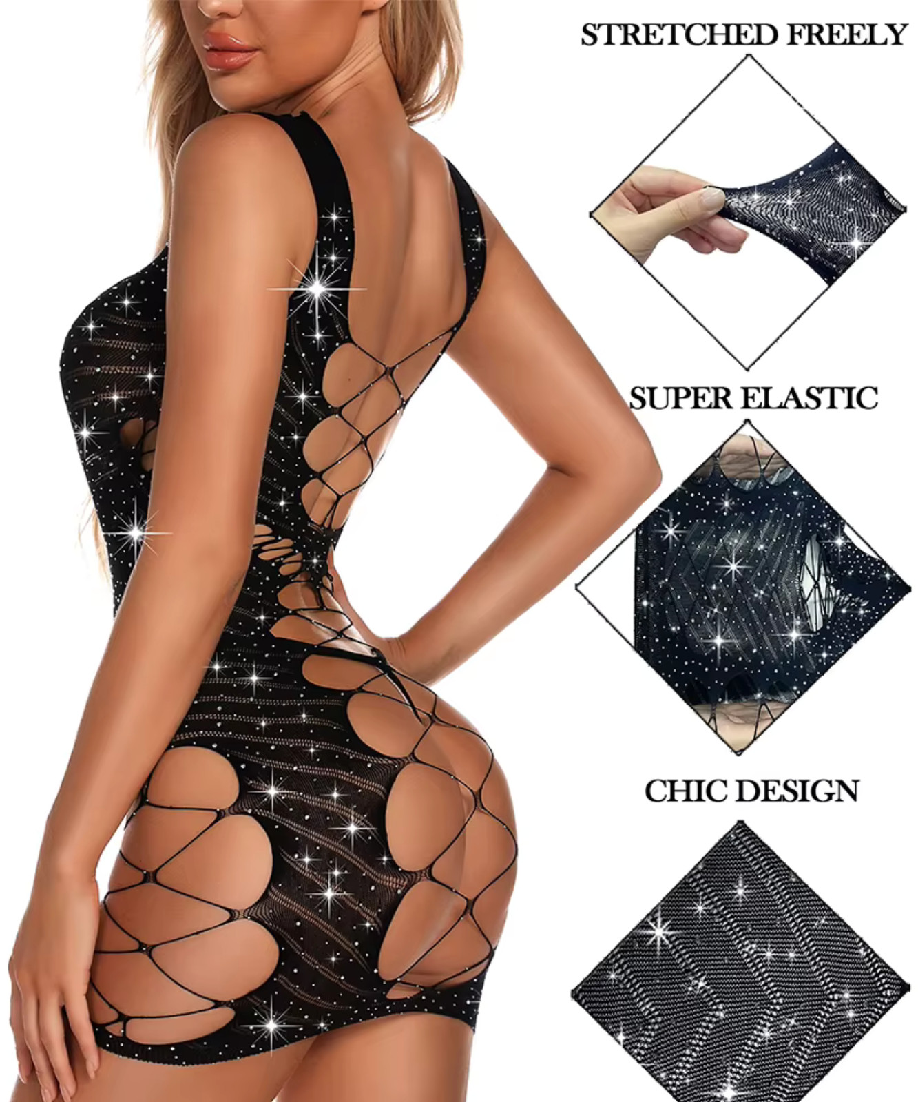 Black Rhinestone Fishnet Bodycon Mini Dress Cutout Crisscross Lingerie One Size