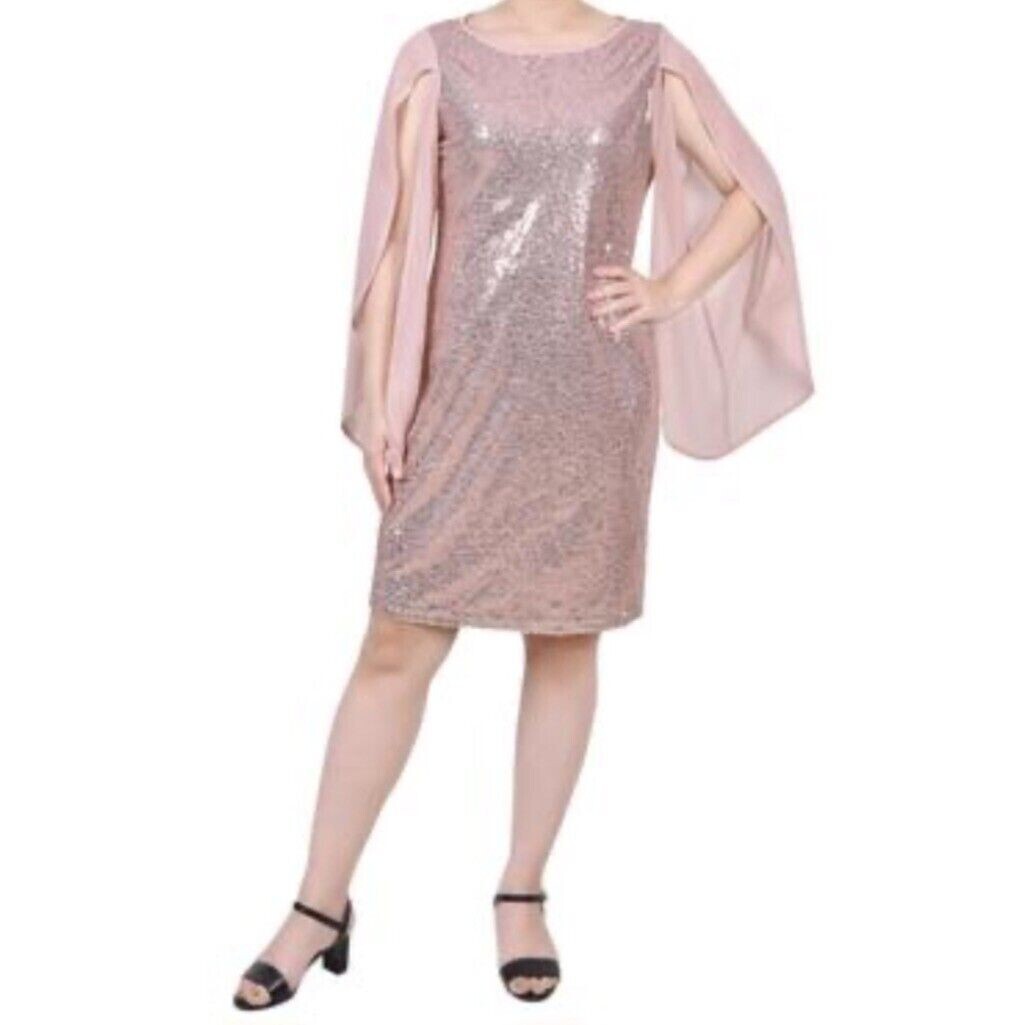NY Collection Dress Womens size XL Petite PXL Pink Sequin Slit Sheer Sleeves New