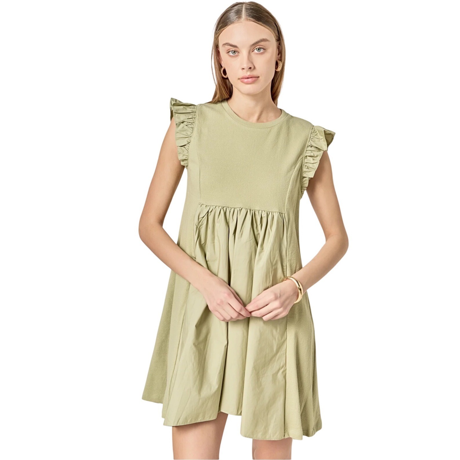 English Factory Knit Poplin Mixed Media Sage Green Ruffle Sleeve Mini Dress M