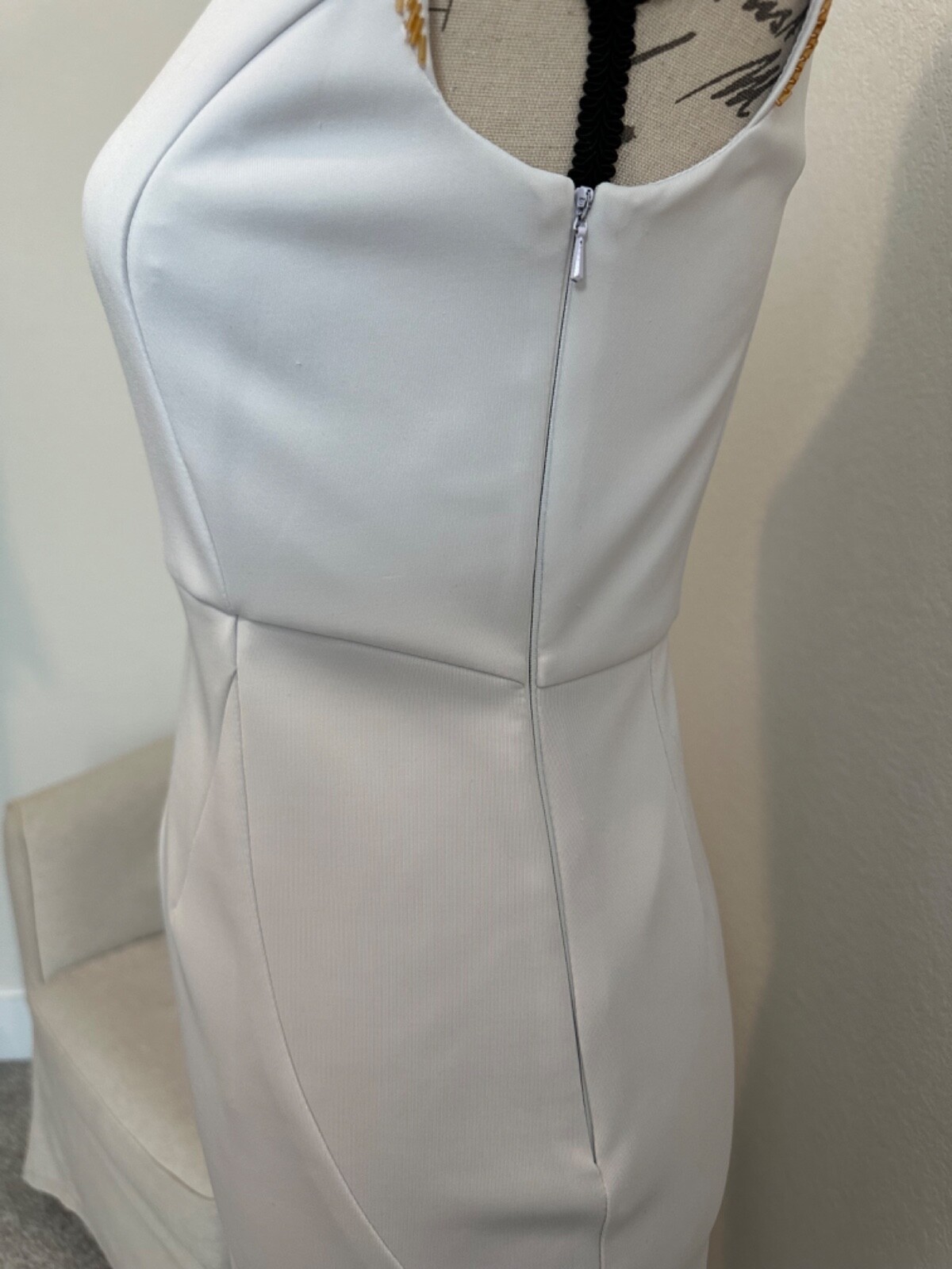 White Bodycon Sheath Cocktail Mini Dress w/Gold Beading