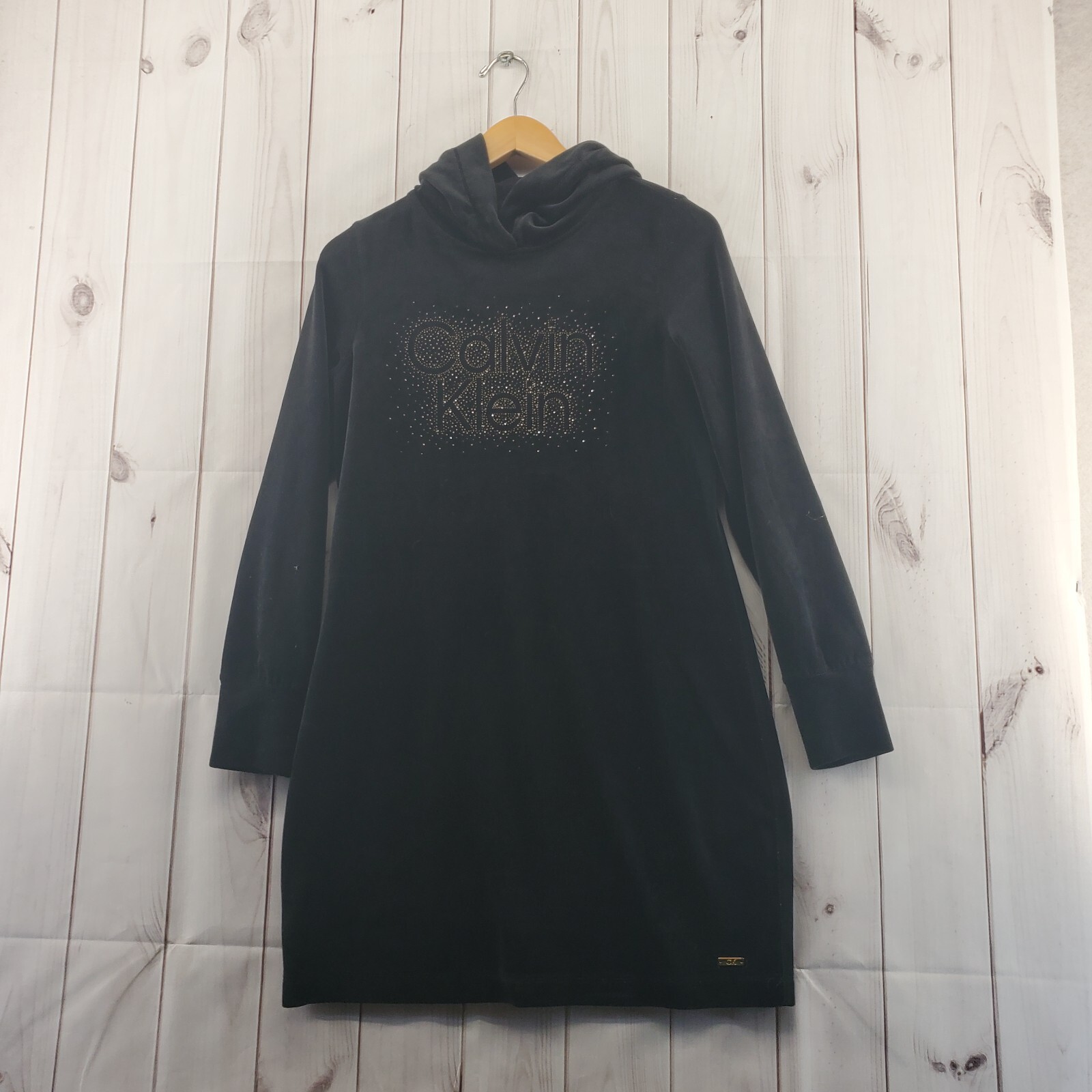 Calvin Klein Dress Womens PM Black Gold Velor Hood A Line Long Sleeve