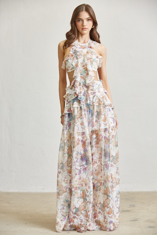 Watercolor Floral Ruffle Maxi Dress with Cutouts & High Neck – Blithe