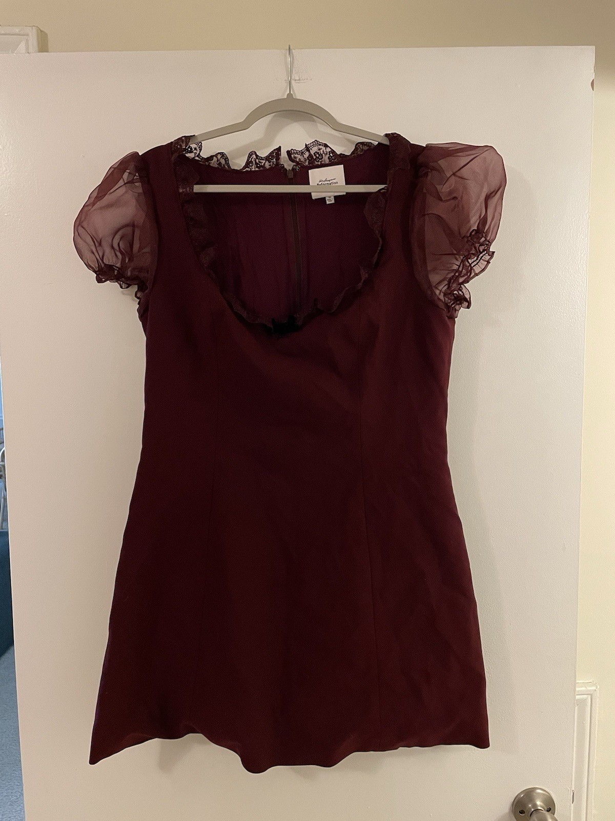Reformation Burgundy Solid Lace V-Neck Puff Sleeve Mini Dress Zip 12