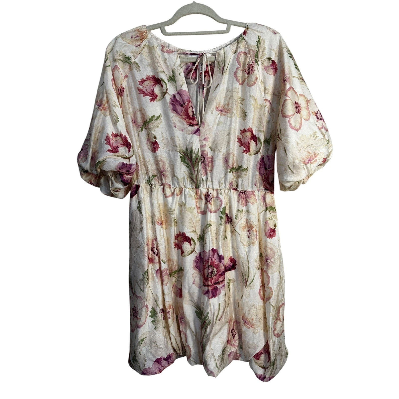 HM Floral Puff Sleeve Mini Dress V-Neck Front Pink Purple Cream Womens Size M