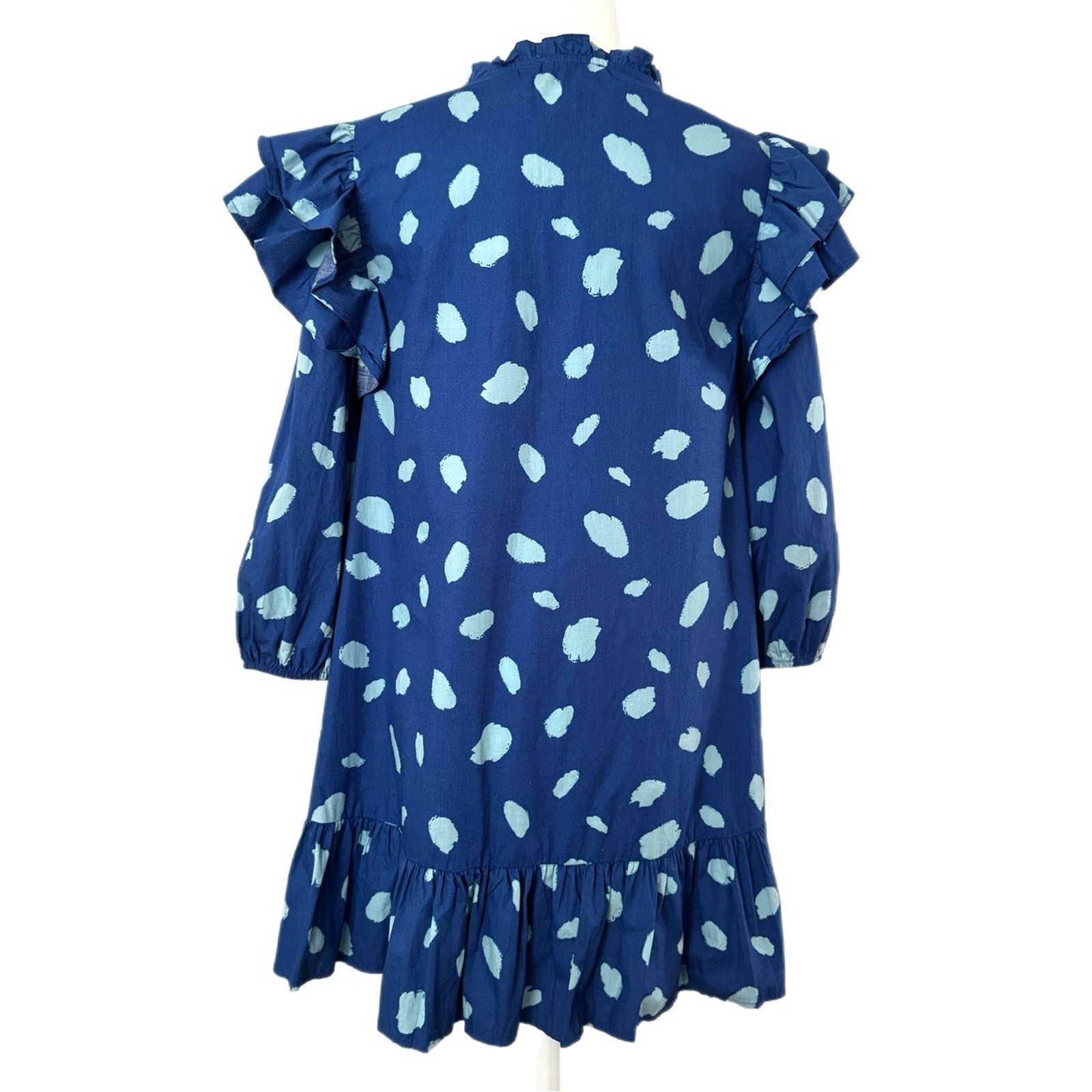 Sugar lips Blue Polka-Style Ruffle-Sleeve Tie-Neck Dress Sz M